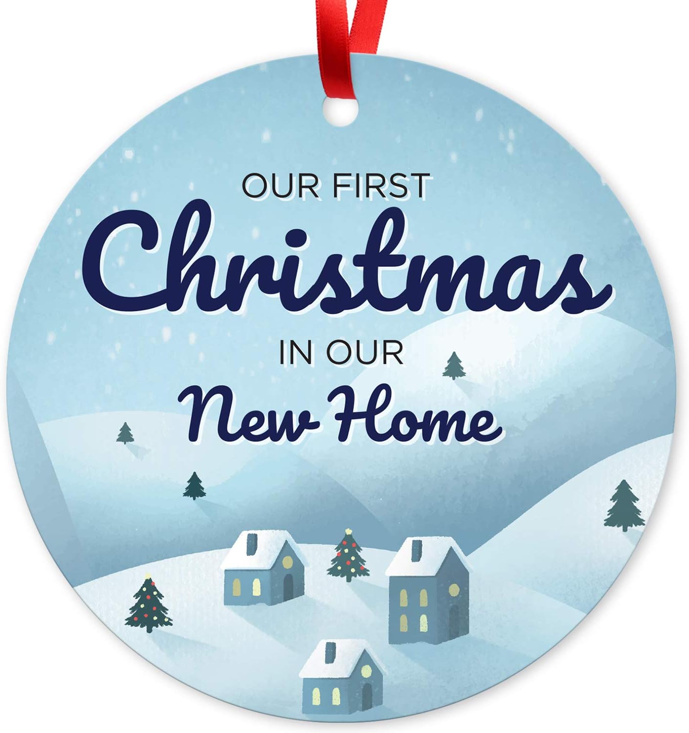 Soul Décor Christmas Tree Ornaments Decorations, Our First Christmas in Our New Home Ornament, Large 3.75" Round Metal Ornament, Velvet Pouch Included