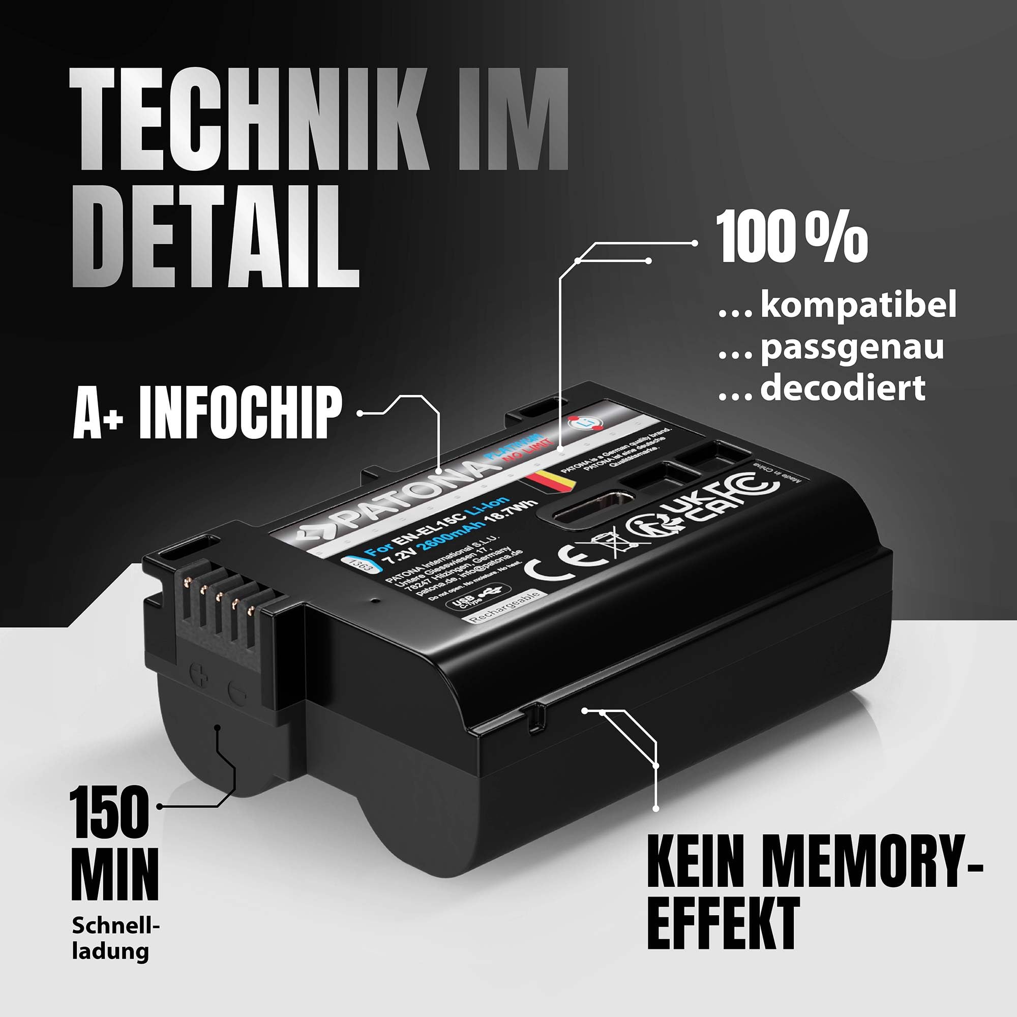 PATONA Platinum EN-EL15C Akku 2600mAh mit USB-C – Ersatz für Nikon EN-EL15 EL15b EL15c – kompatibel mit Z5 Z6 II/III Z7 II Z8 ZF D7500 D850 D780 D750 D500 – direkt am Akku Laden