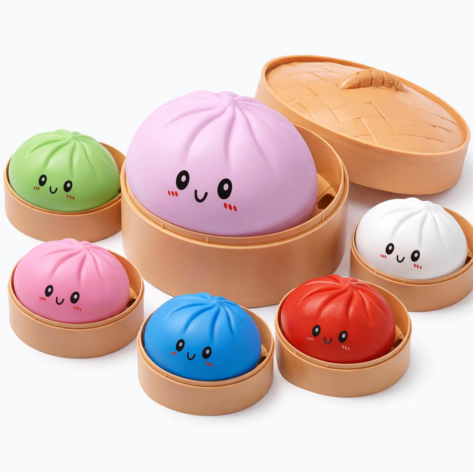 OBD Soft Squishy Dumpling Toy Kawaii Bao Bun Stress Relief Fidget Toy with Bamboo Steamer Cute Desk Accessory for Kids Teens Adults (Assorted Color) (2)