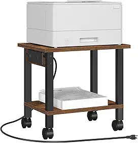 TUTOTAK Suporte para Impressora de 2 Níveis, Carrinho com Tomadas Elétricas e Portas USB, Mesa de Impressora Móvel com Rodas, para Embaixo da Mesa, Escritório, Casa, Marrom