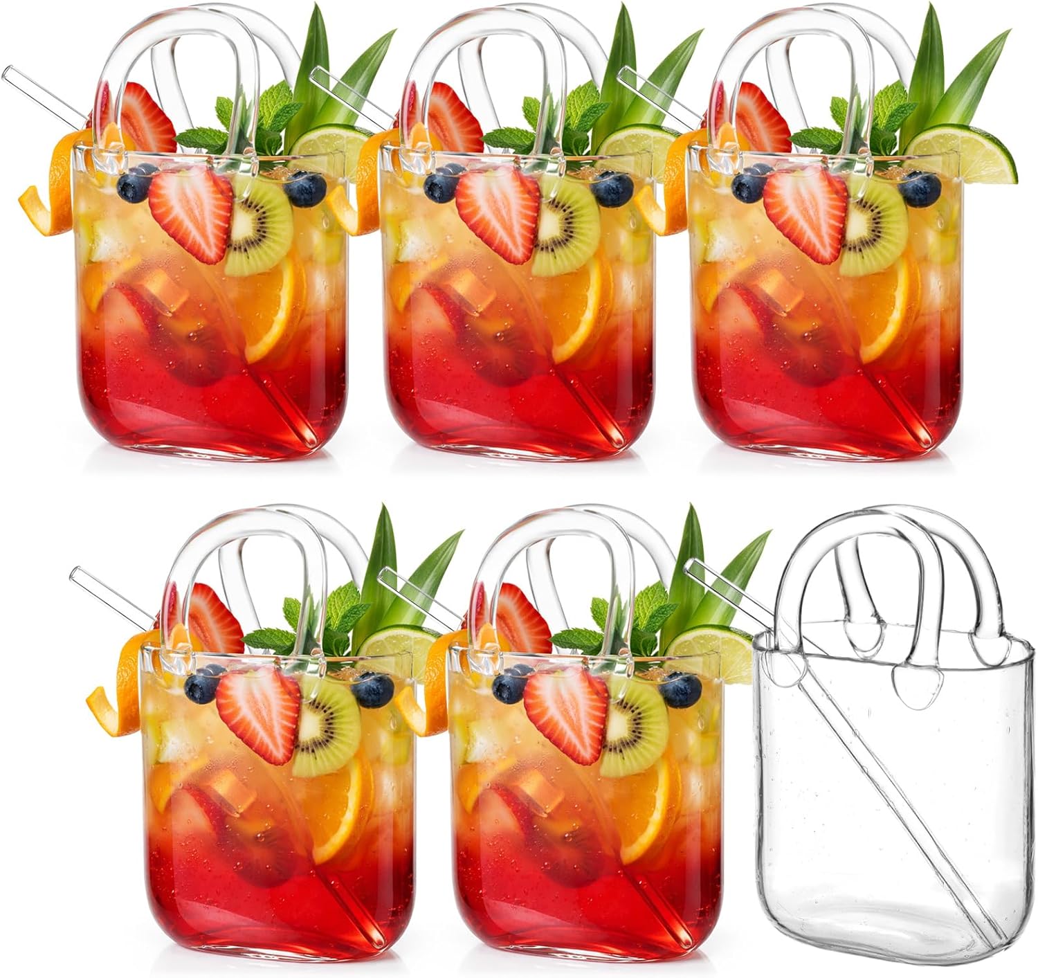 6 Pcs Glass Purse for Drinks Set Wine Cup Purse Bag Shape with Glass Straw for Juice Tea Cocktails Fish Tank Vase a Ladies' Party Gift Creative Drinking Mug (Clear)
