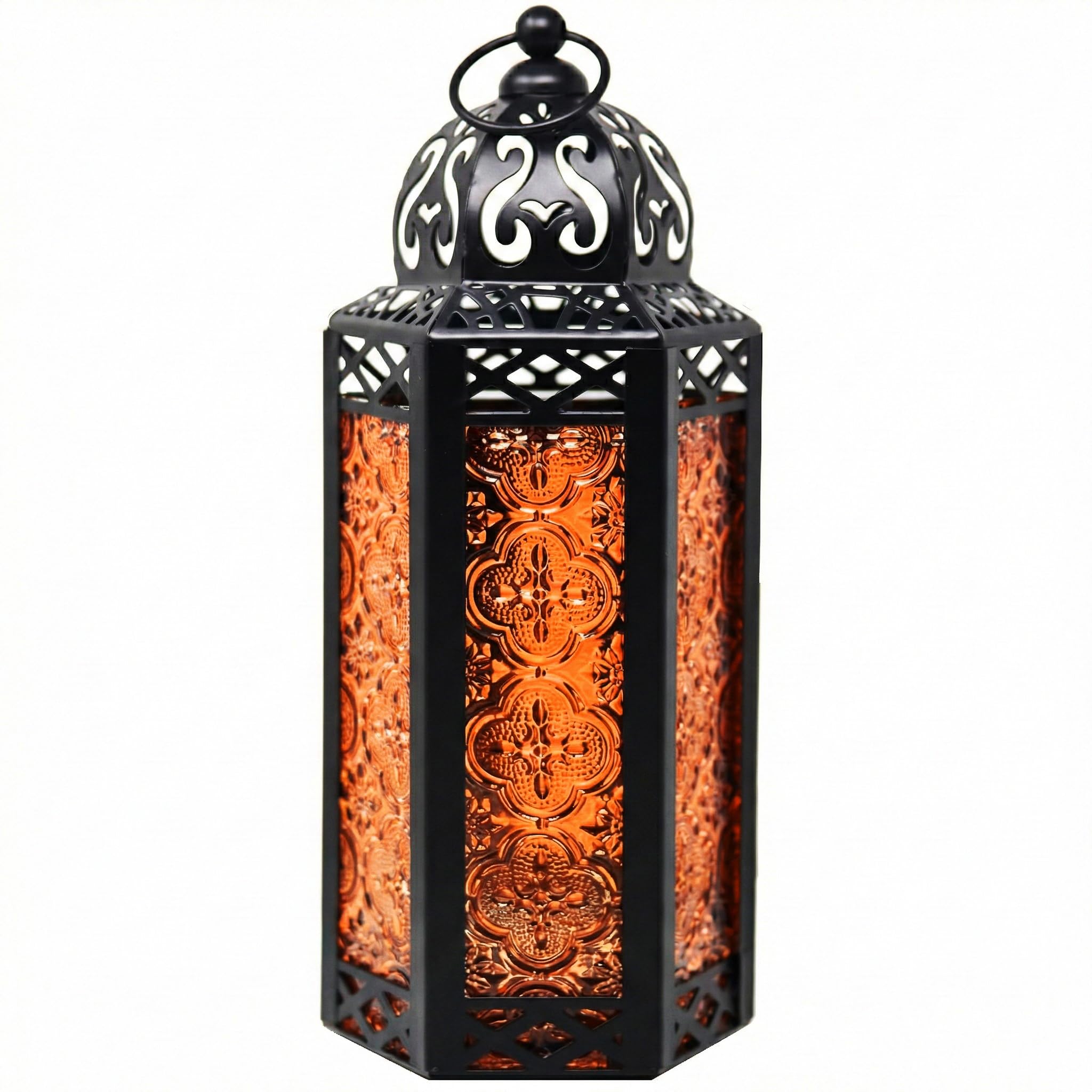 10.5" Halloween Candle Lantern Decorative Holder Lamp for Table or Hanging, Ramadan and Moroccan Decorations, Outdoor Patio or Porch, Weddings, Black Metal, Amber/Orange Glass, Medium