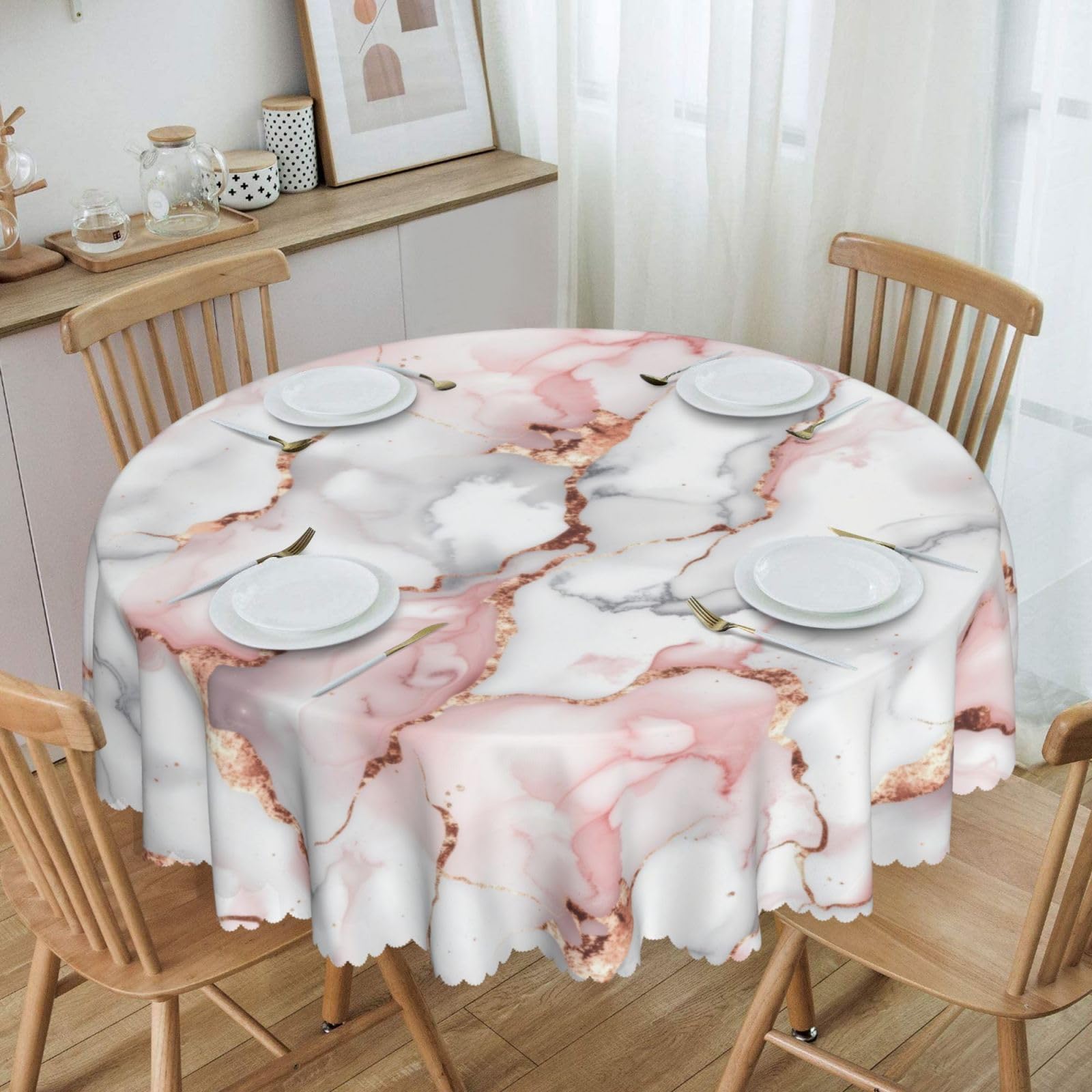 Pink and Grey Marble Round Tablecloth Wavy Edges Table Cover Table Cloth Table Decor for Home Kitchen Dining Party 60in