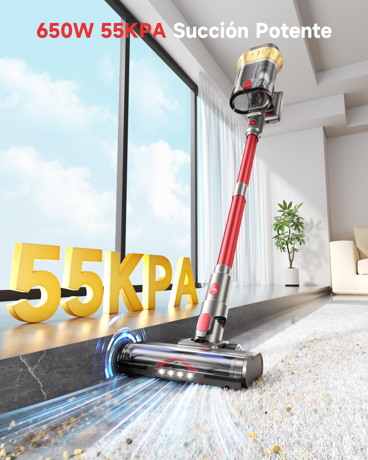 55KPa/650W Aspiradora sin Cable, Aspiradora Sin Cable Potente hasta 75Mins, con Carga de Pared Smart Screen, Cepillo Antienredos, Alfombra Pelo Mascota Suelo Sofá[Clase de eficiencia energética A+++]