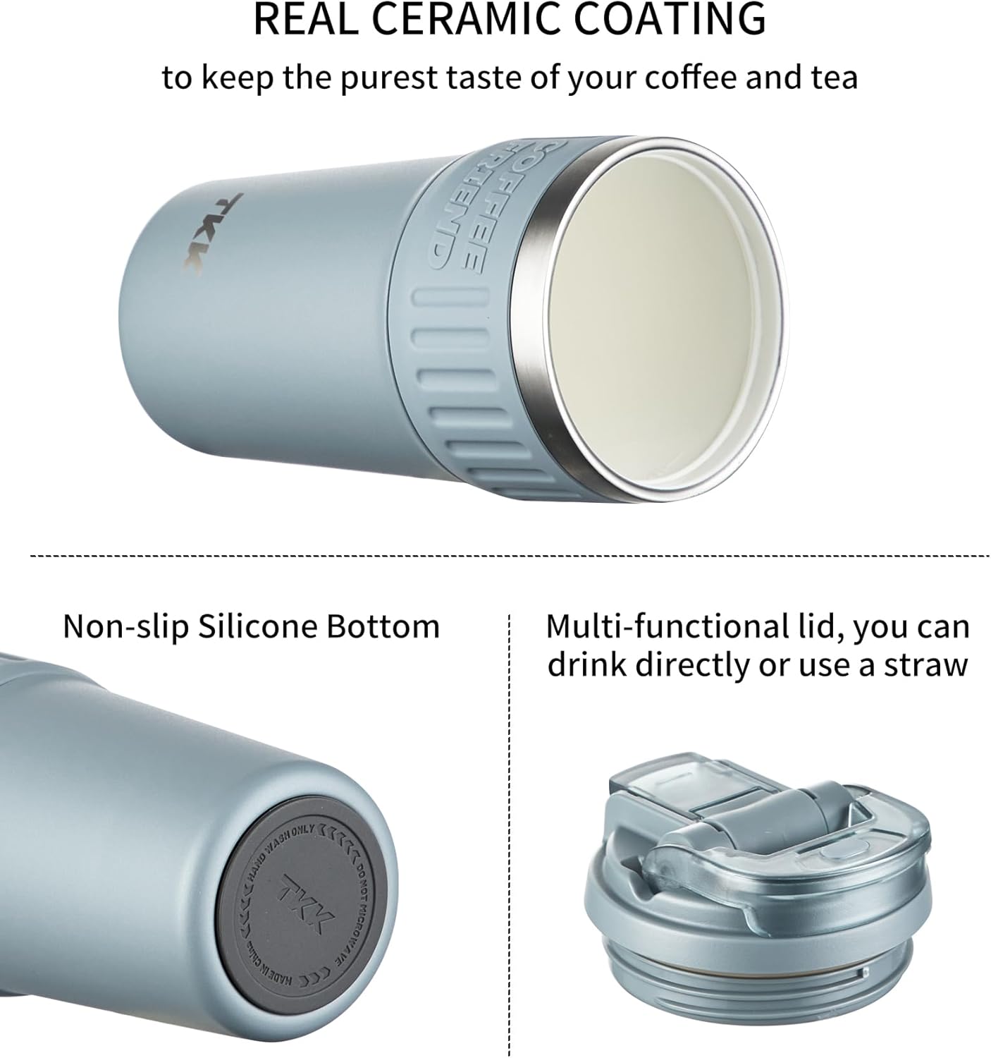 TKK Insulated Coffee Mug with Ceramic Coating, 21oz Iced Coffee Tumbler Cup with Straw Lid Double Wall Vacuum Leak Proof Travel Mug with Strap for Hot and Iced Beverage, Cadetblue