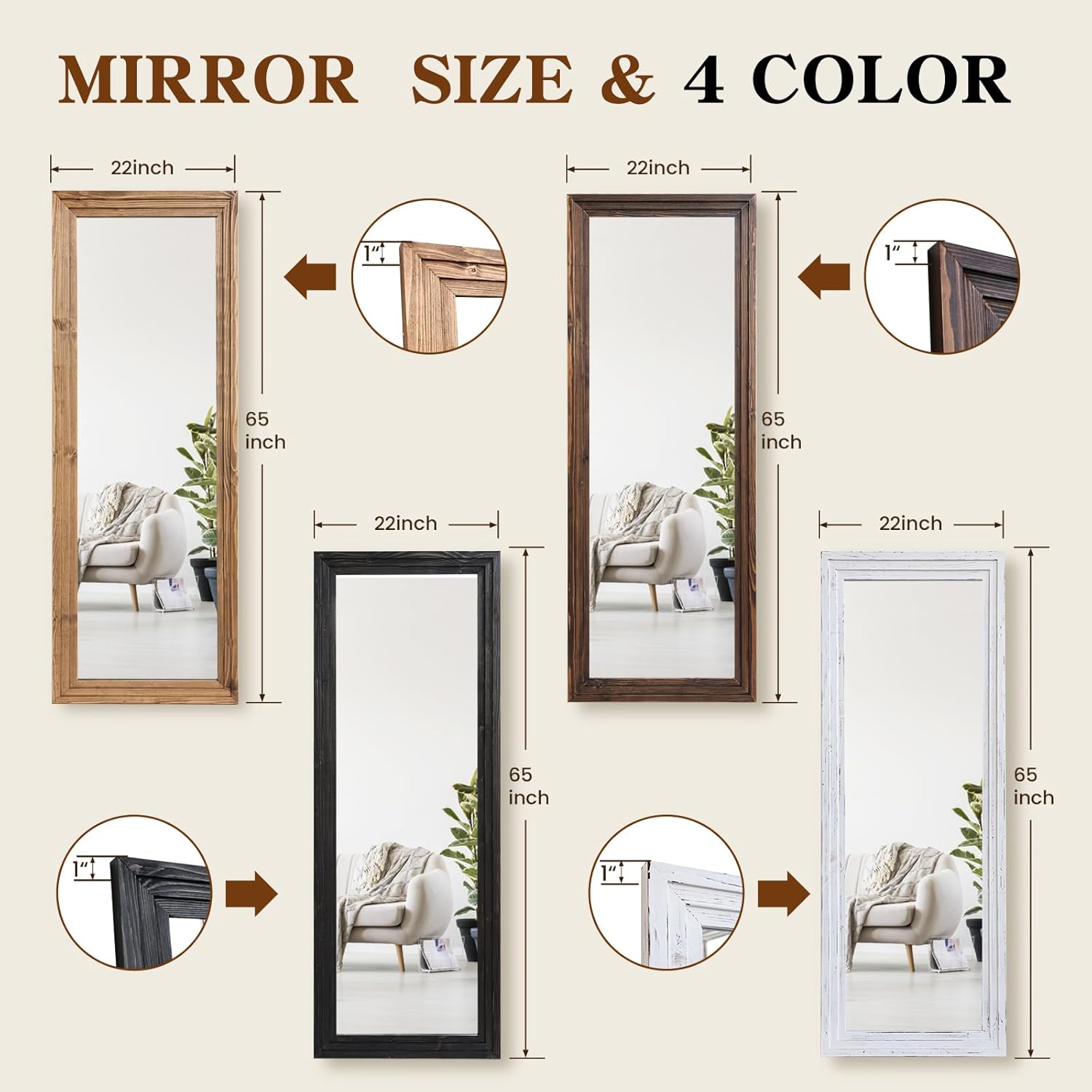 Full Length Mirror 65"x22" with Stand Solid Wood Frame Floor Large Mirror for Living Room, Bedroom Hanging Standing or Leaning Wall-Mounted, Light Brown