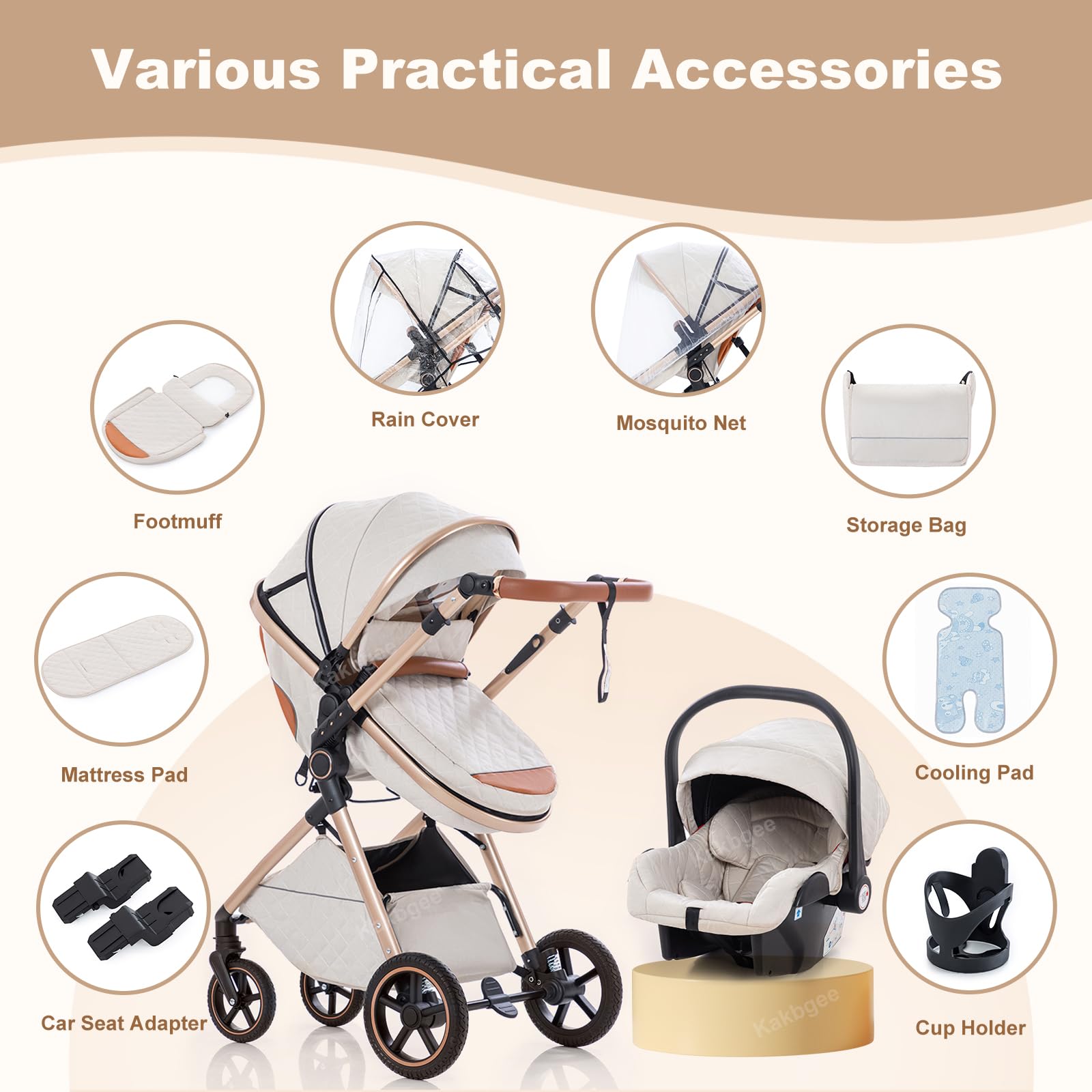 Cochecito 3 en 1 con Silla de Coche, Carrito bebé Plegable, Manillar 7 Alturas, Suspensión 4 Ruedas, Funda de Lluvia y Mosquitera, Sistema de Viaje para Recién Nacidos 0-3 Años (15kg), Negro