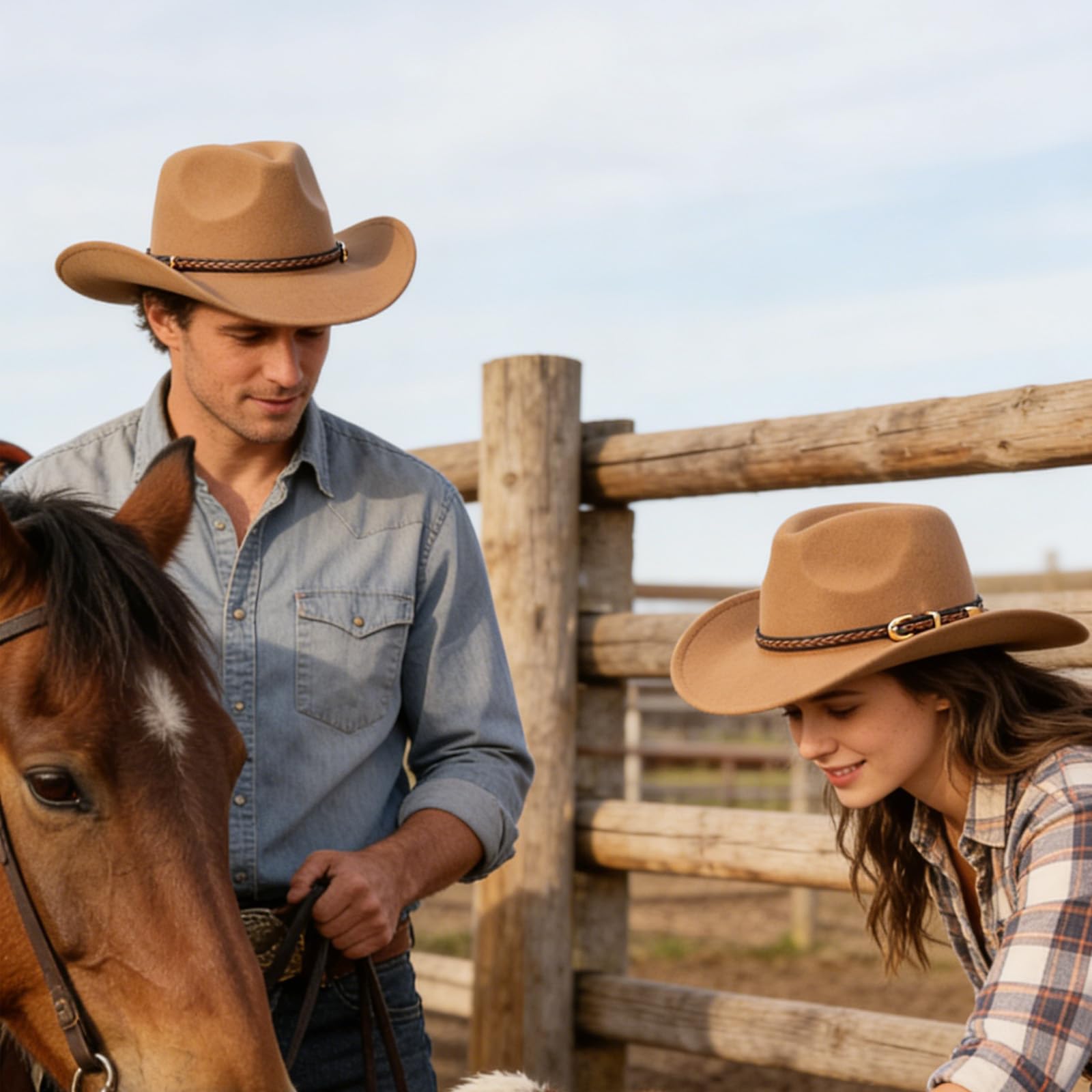 Sombrero vaquero clásico de fieltro de ala ancha con hebilla de cinturón, estilo occidental para hombres y mujeres, sombrero de vaquero de fieltro suave, caqui, verde, M