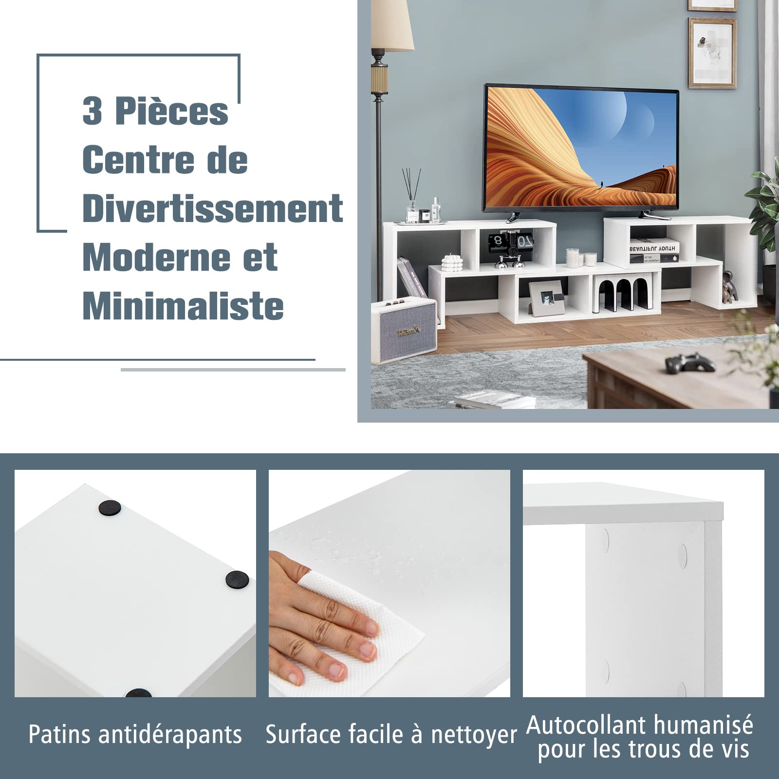 COSTWAY Meuble TV Modulaire 3 Pièces, Meuble Télé Angle Extensible 49 Pouces, Étagère Bibliothèque Bois 135x30x43cm Blanc