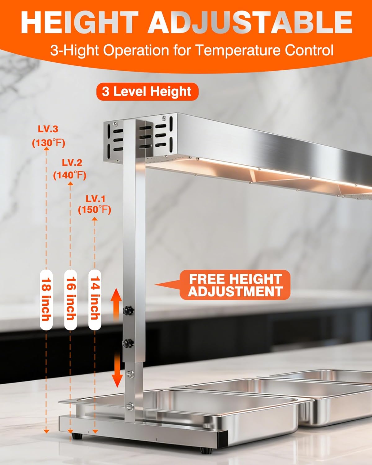 PYY Commercial Food Heat Lamp - 36‑Inch 1050W Stainless Steel Stand or Hanging Mode Food Warmer Lamp, 110V Electric Strip Heater Overhead Lighting for Cafeteria, Buffet & Kitchen Counter