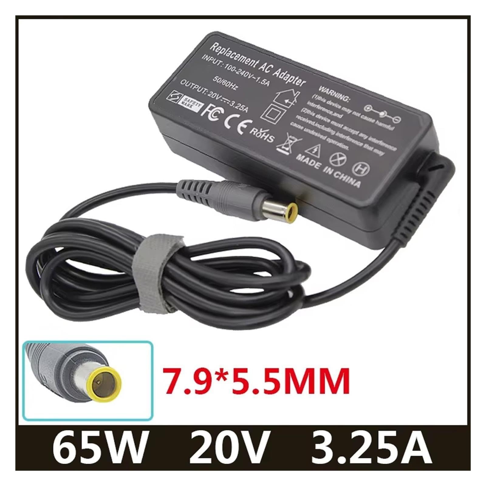 Adaptador De Regazo De CA De 20 V, 3,25 A, 65 W, 7,9 X 5,5 Mm, 8 Pines, Compatible con ThinkPad, Compatible con IBM, Cargador C100 C200 N200 X200 X300 R400 R500 T410 T510 V100 V200(with US Plug)
