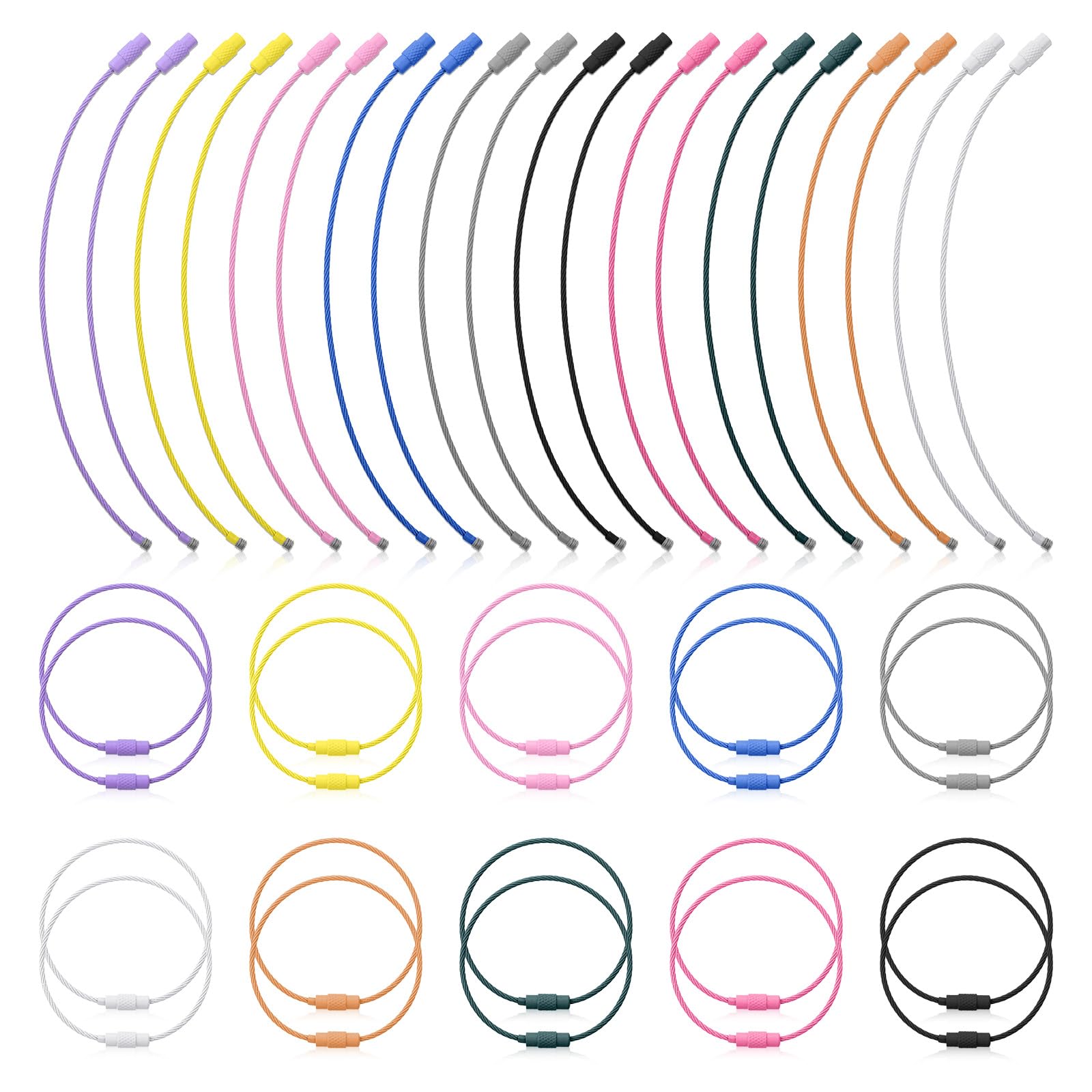 Styquenzer 20pcs Wire Keychain Cable, 6 inch Stainless Steel, Modern Keychain Accessories, Unisex-Adults, Yellow, Blue, Gray, Pink, Orange, White, Rose, Red, Purple, Dark Green, Black