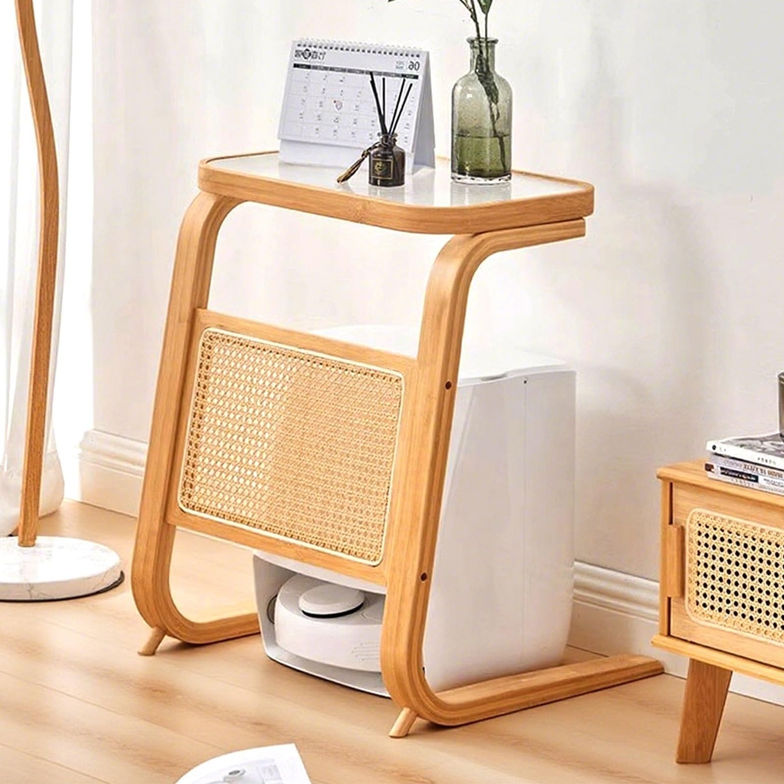 Armario de almacenamiento al vacío robot con mesa auxiliar de ratán de resina, soporte en forma de C para sala de estar, dormitorio, fácil cambio de agua