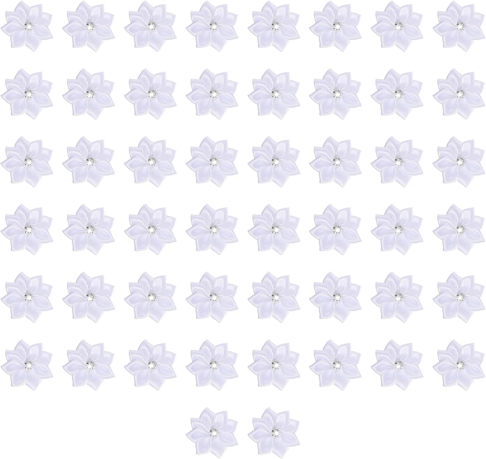50Pcs Satin Ribbon Flowers, 1 Inch Small White Flowers for Crafts, Mini Fabric Flower Appliques with Rhinestone Center for Wedding Decor, Gift Wrapping, DIY Projects
