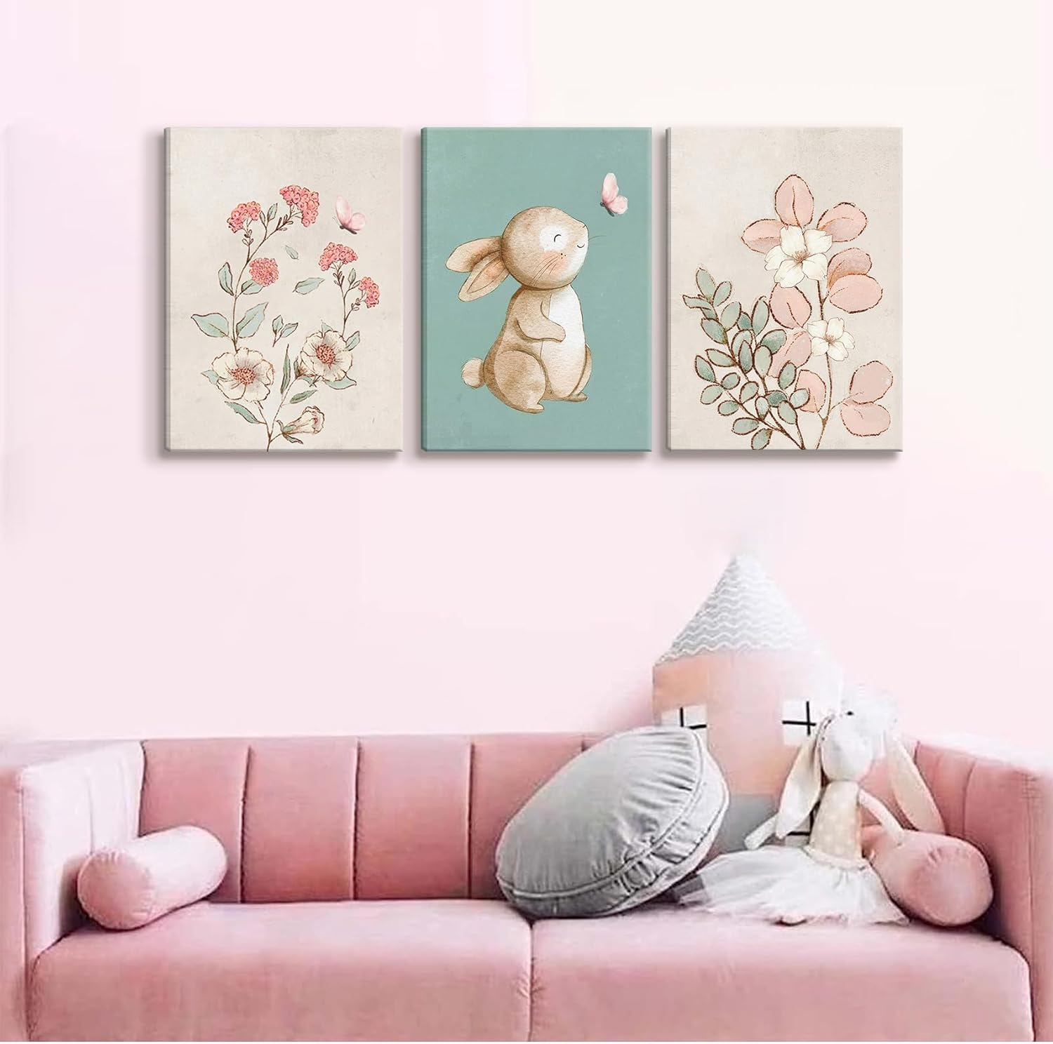Nursery Bunny Wall Art Cute Bunny Botanical Flowers Wall Decor Pink Green Nursery Pictures Posters Girl Bedroom Canvas Prints gifts for Baby Boys and Girls Playroom paintings(12x16in)