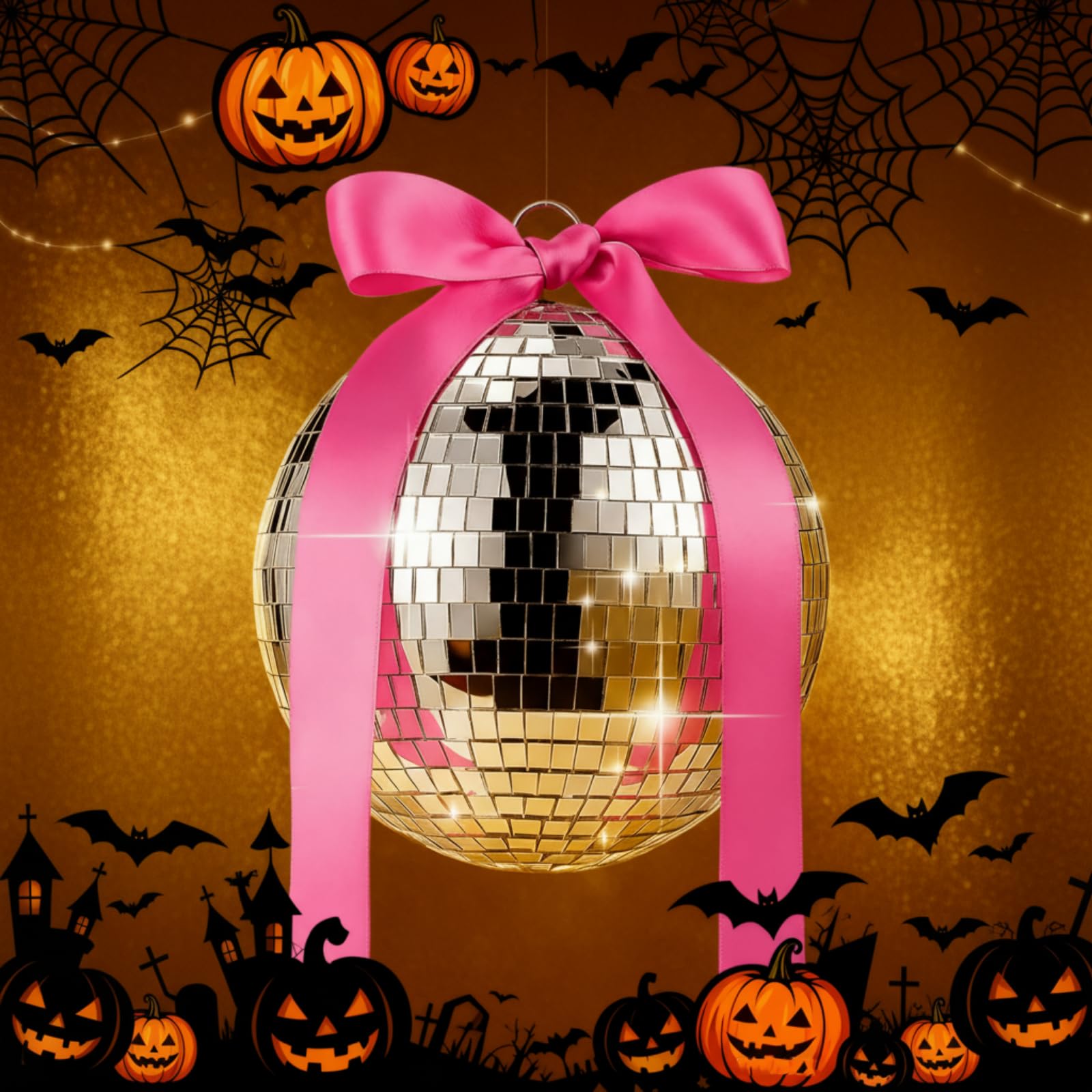 Suncalla Lustrzana kula dyskotekowa z różową kokardką, na Halloween, wisząca ze srebrnym drutem, retro, dekoracje na scenę domową, imprezy panieńskie, urodziny, ślub, 18 cm
