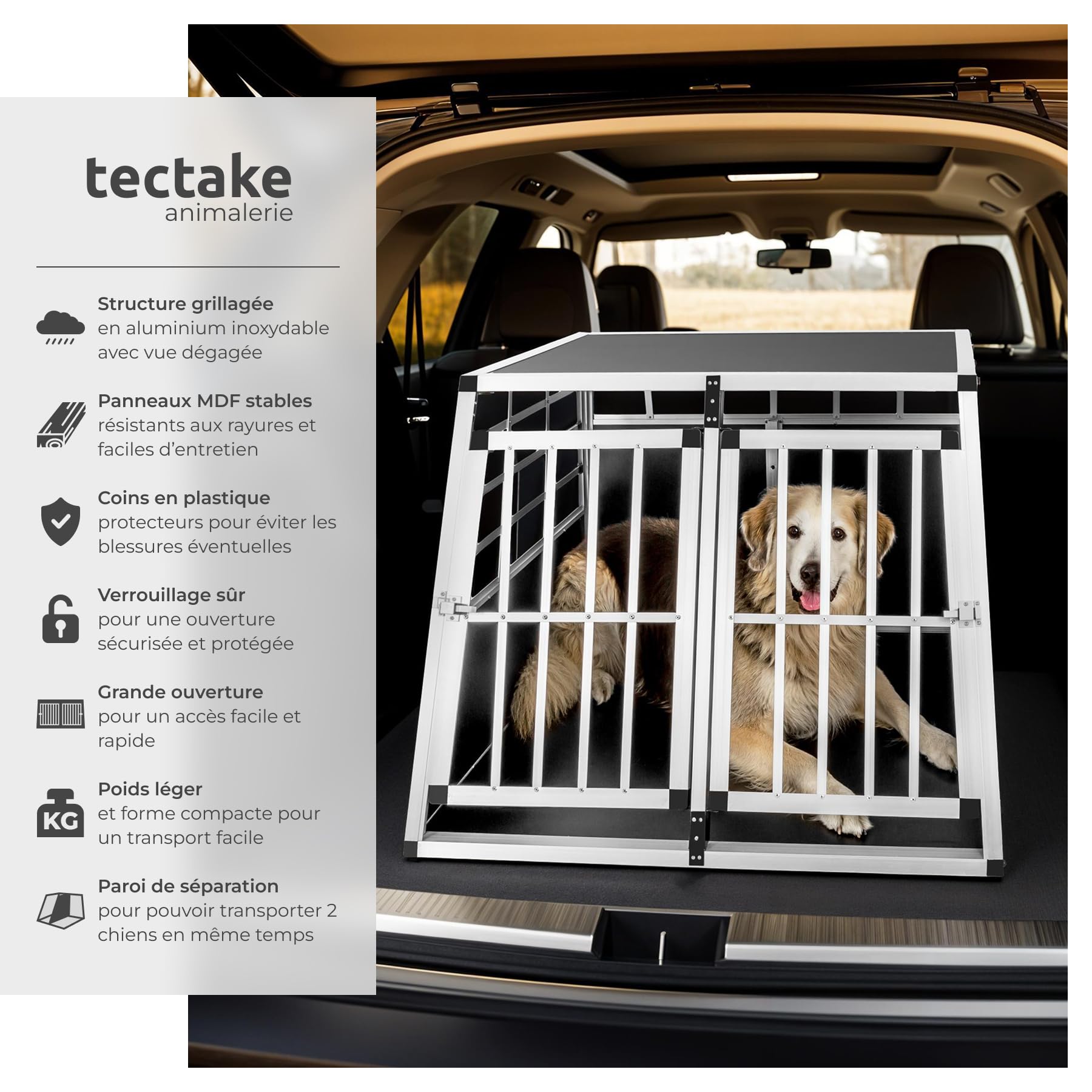 tectake® Caisse de Transport pour Chien légère & Solide Double Cage de Transport Chien pour Transport Chiens Voiture, Maison ou Jardin Cage avec paroi pour Max. 2 Chiens - 97 x 90 x 69,5 cm