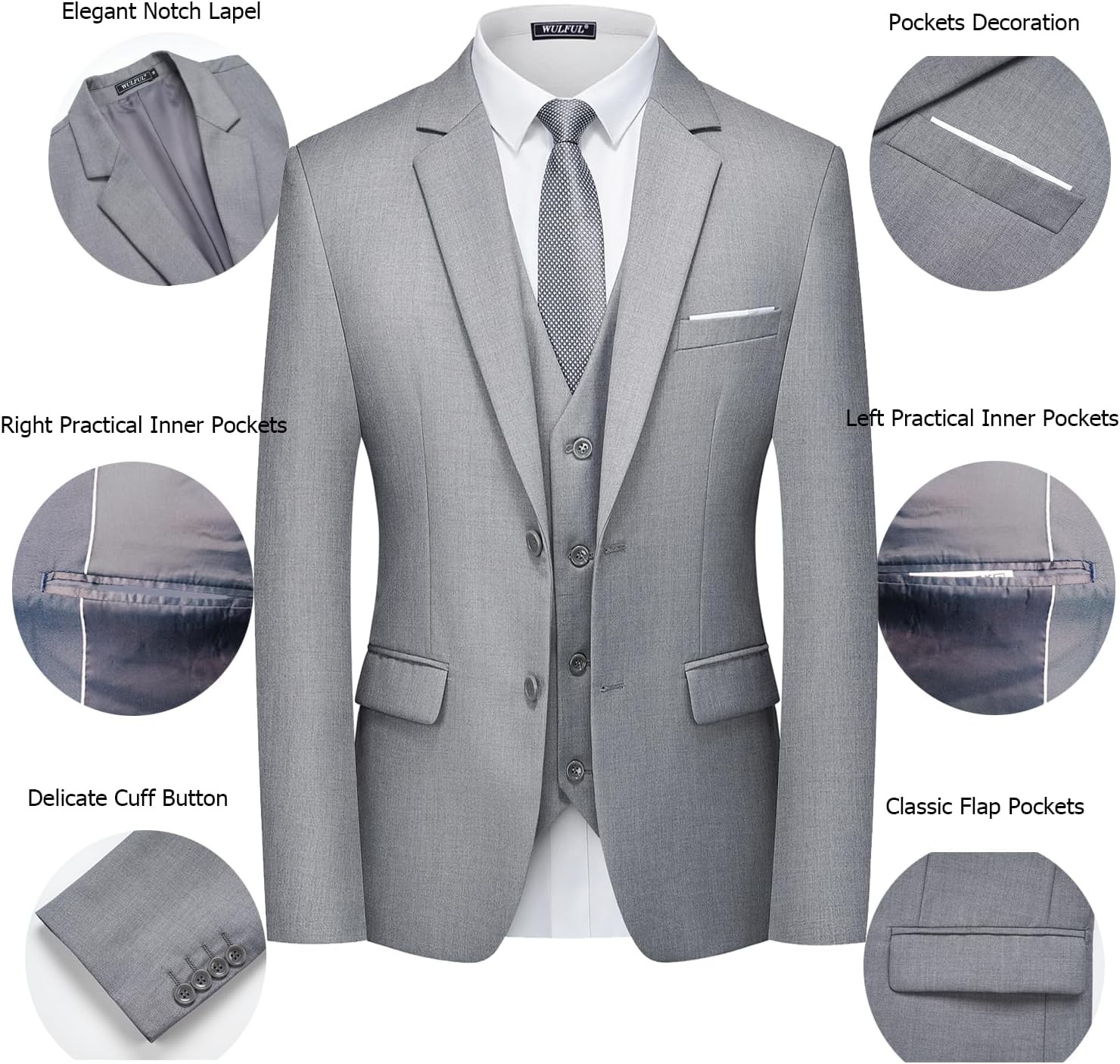 WULFUL Men's 3 Piece Slim Fit Suit Set Two Button Blazer Jacket Vest Pants... - Picture 84 of 95
