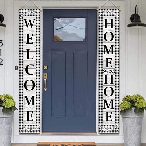 Miniatura 5 de DUDOU Letrero de bienvenida para porche con texto en inglés "Welcome Home Sweet Home", diseño de búfalo blanco y negro a cuadros para colgar