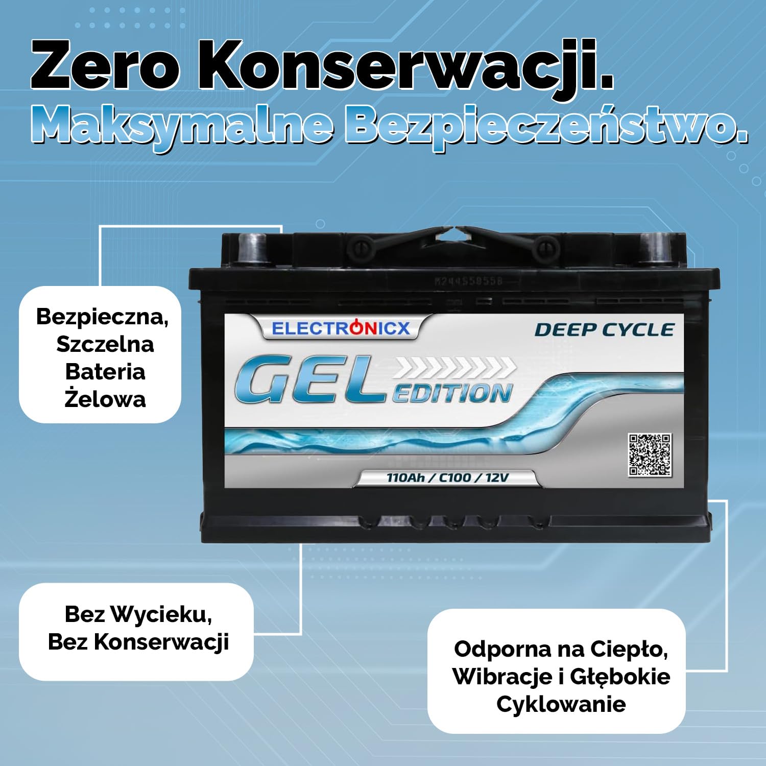 Electronicx GEL Akumulator zasilający 12V 110Ah – akumulator żelowy Deep Cycle 110Ah do kampera,łodzi i instalacji solarnych.Wymiary: 315×175×190 mm, napełniony i naładowany