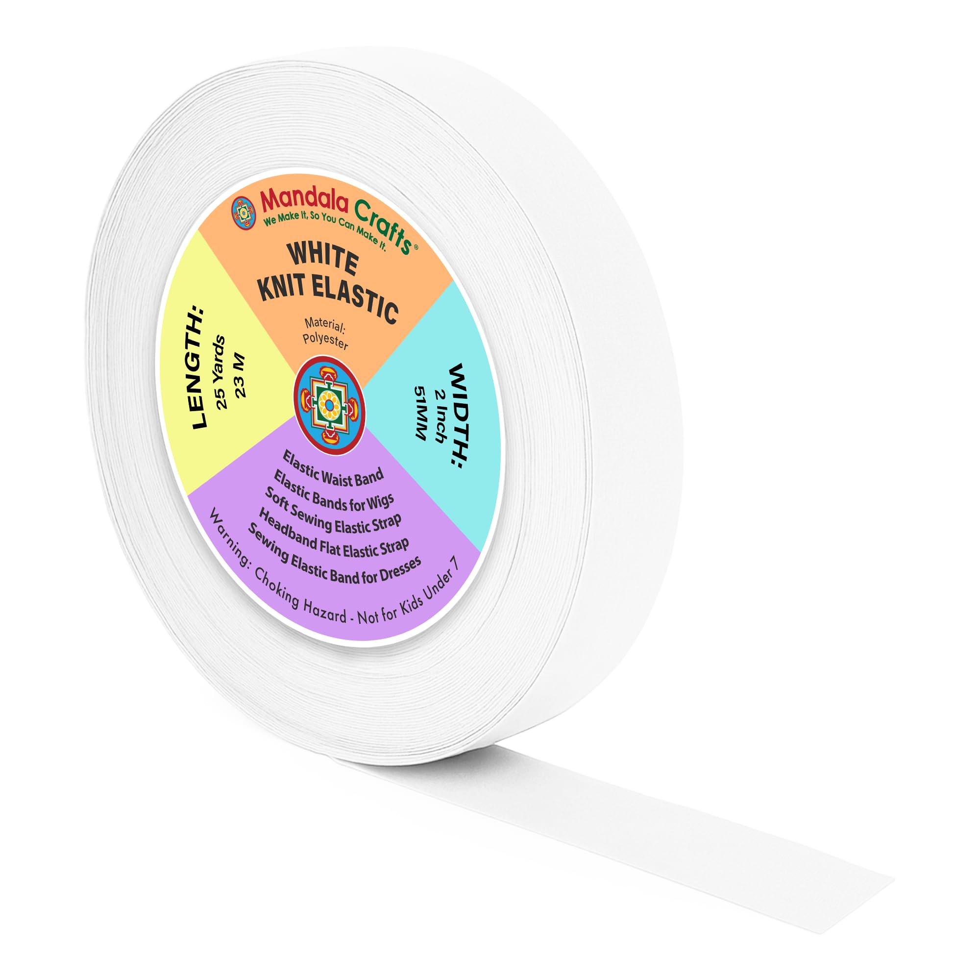 Mandala Crafts Wide 2 Inch White Elastic Bands Spool for Pants Waistbands Sewing and DIY Crafts, 25 YD Stretchy Flat Fabric Strap Knit Elastic Band for Wig