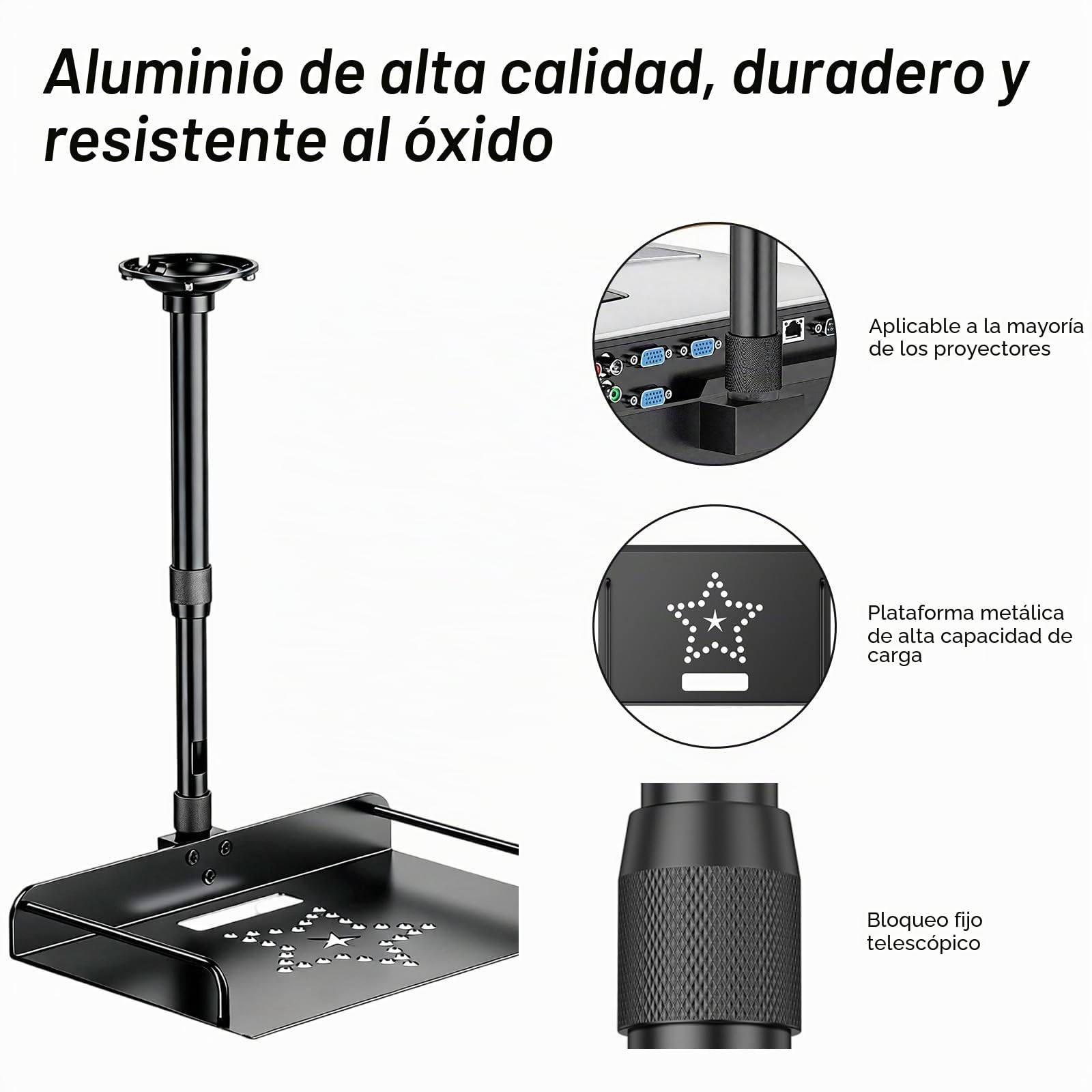 Soporte de Techo Universal para Proyector, Altura Ajustable 30-60cm con Gestor de Cables, Soporte de Pared para Cine en Casa y Oficina (Negro)