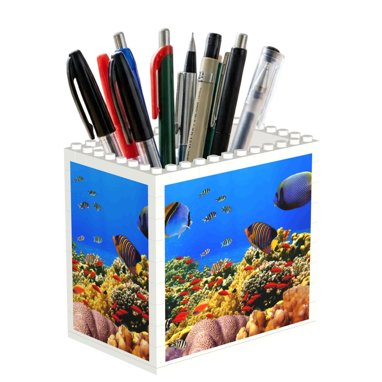 SATUSA Sea Fish Pattern Print Building Block Texture Pen Holder - Pencil Holder For Desk Pen Organizer,Aesthetic Desk Accessories For Women(1pcs)