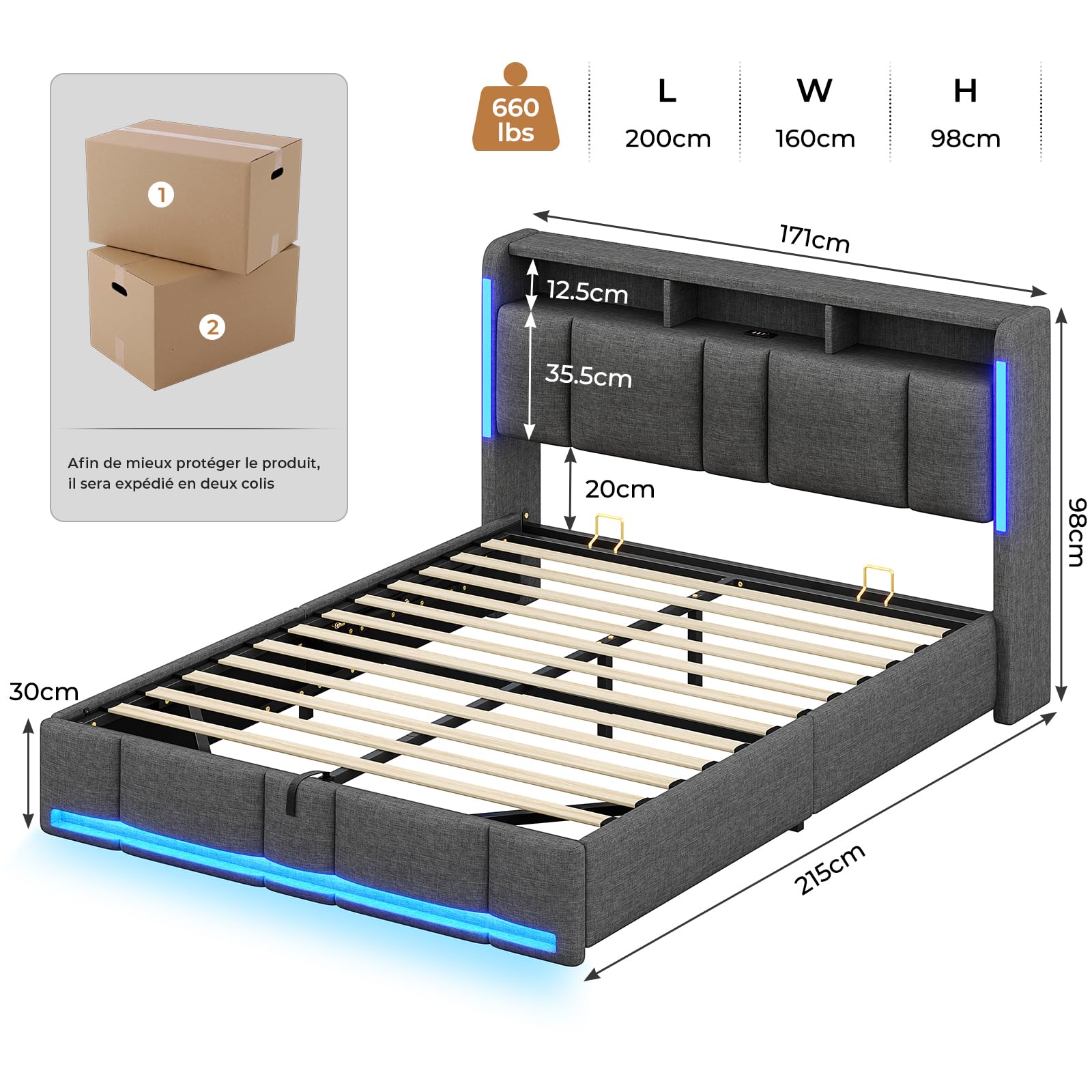 AOGLLATI Lit Coffre 160x200 CM, Lit Double avec LED et Ports USB, Cadre de lit avec Tête de Lit capitonné et Rangement, Lattes en Bois, Lin Gris Foncé(sans Matelas)