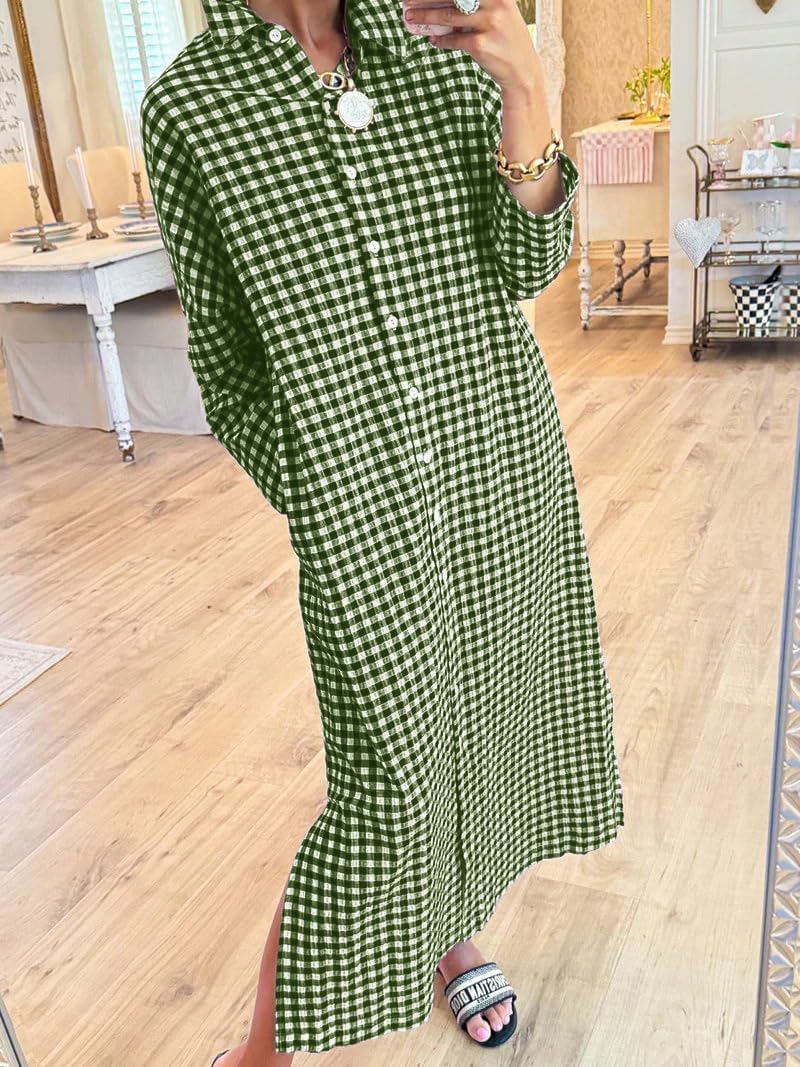 chouyatou Women's Casual Loose Button Down Plaid Shirt Dress Long Sleeve Side Slit Cotton Gingham Maxi Dress