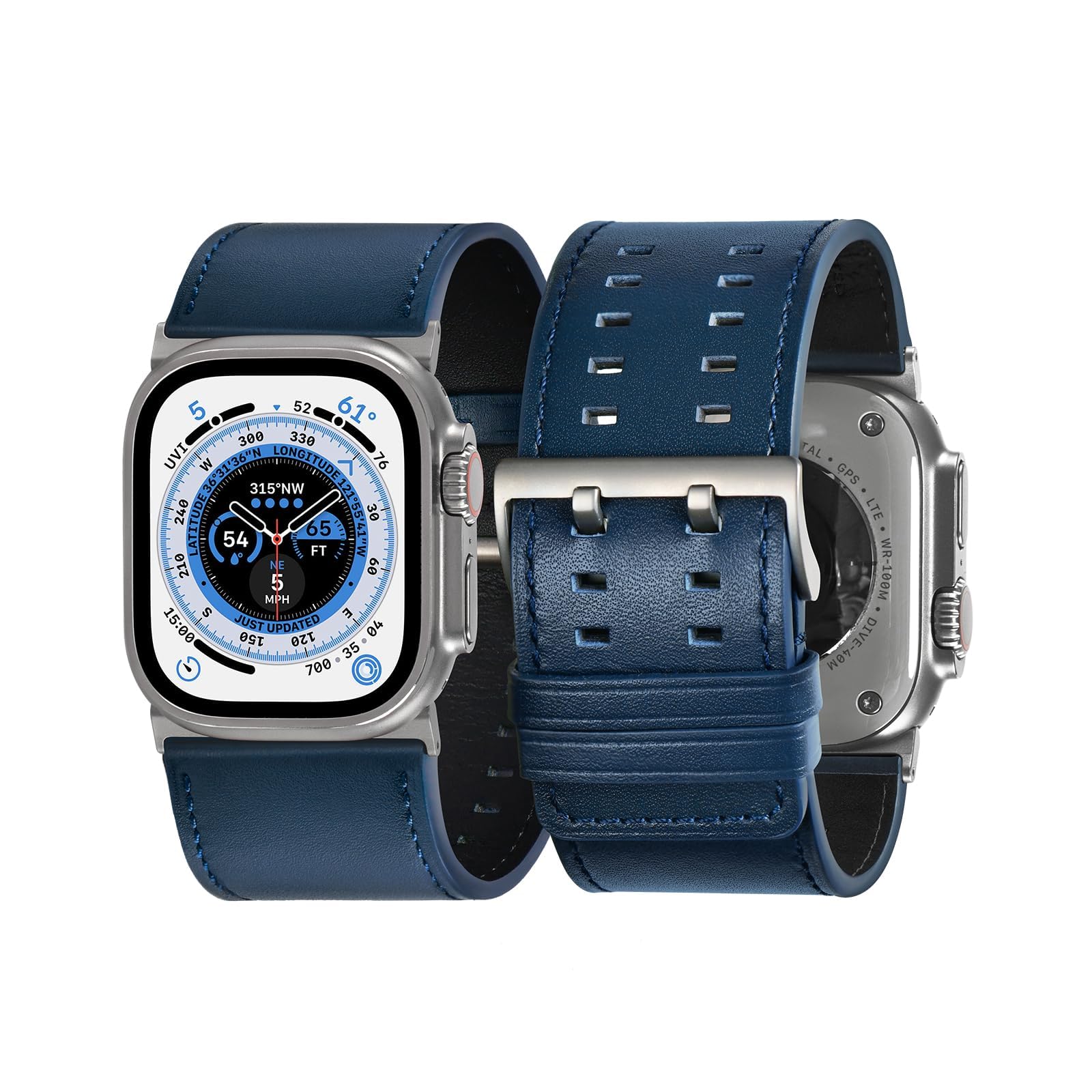 Tefeca Dual Series Bracelet de rechange compatible avec Apple Watch/Apple Watch Ultra (cuir bleu avec adaptateurs argentés, 49/45/44/42 mm)