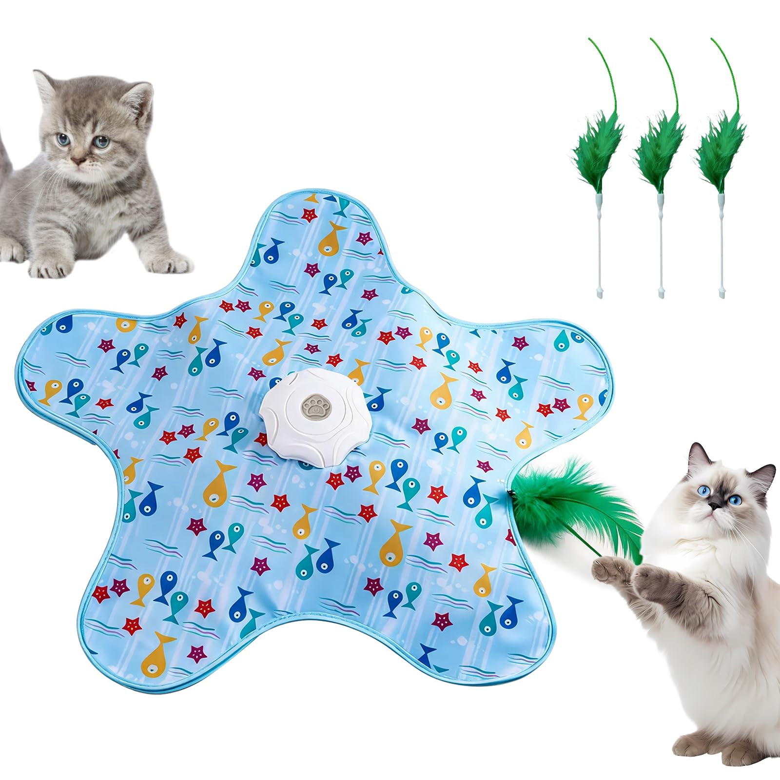 DYOUen Automatic Cat Toy, Interactive Cat Toy with Mouse Pattern Mat, Rotating Moving Feather & Squeaky Sound, USB Rechargeable Cat Hunting Toy for Indoor Adult Cats Kittens