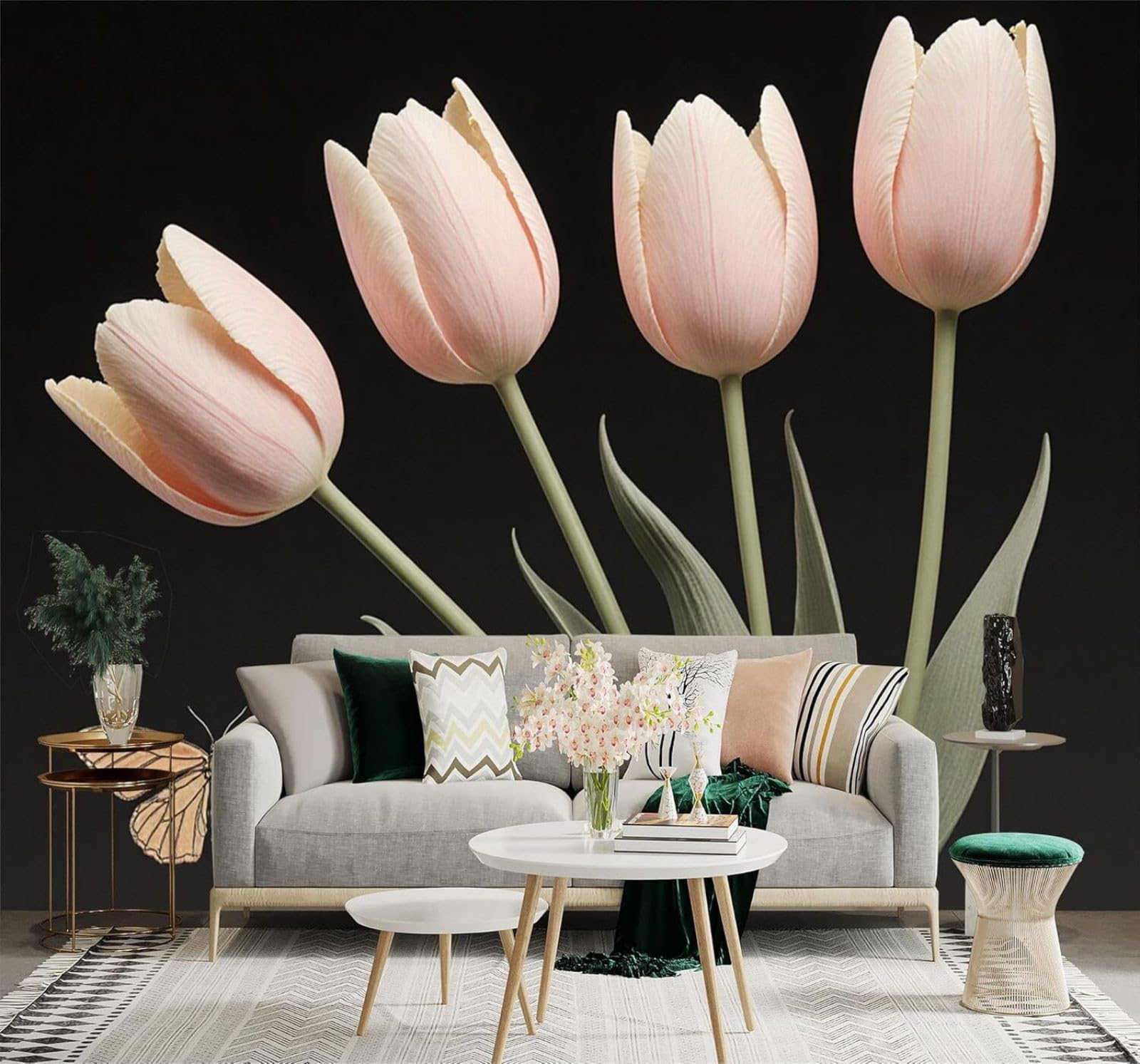 XLMING Beautiful Pink Tulips Butterflies Elegant Flowers Art 3D Wallpaper Silky Texture Home Study Office Grey Dining Room Sofa Bedroom Living Room TV Backdrop-300cm×210cm