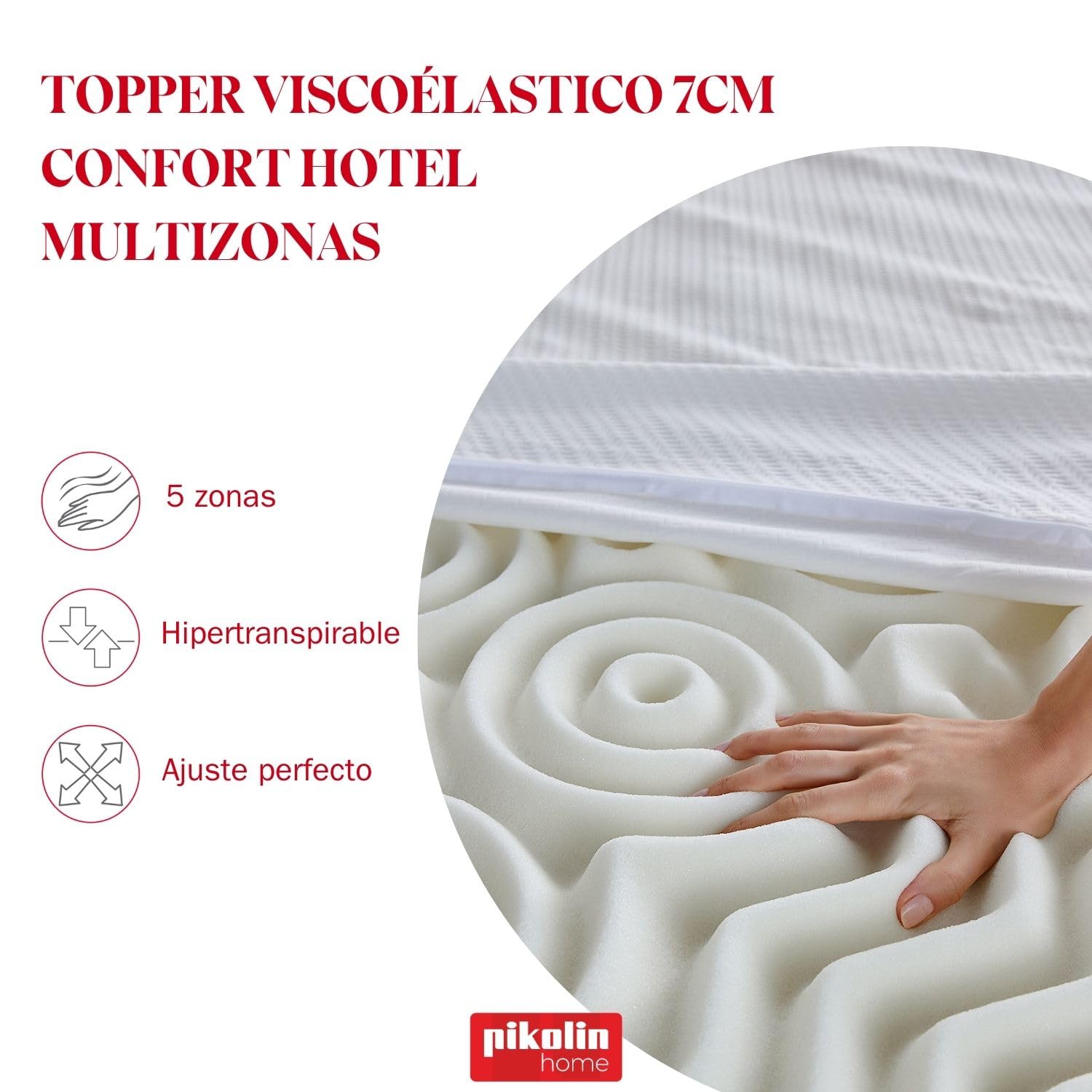 Pikolin Home - Topper Viscoelástico de Hotel - Multizonas - Sobrecolchón Colchoncillo de Grosor 7 cm, para Cama de 150, Desenfundable y Transpirable, Cubre Colchón Viscoelástico, 150 x 190 cm — view 2