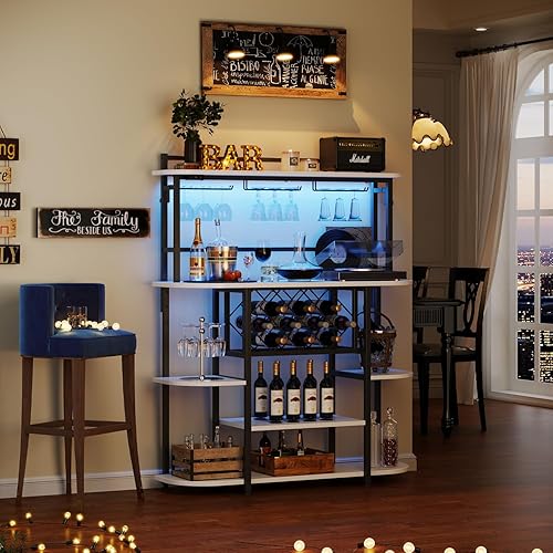 Miniatura 7 de ROCHECASA Armario de mesa de bar con luz LED, estante para vino con soporte para vidrio, gabinete de licor independiente, barra de café, estantes de