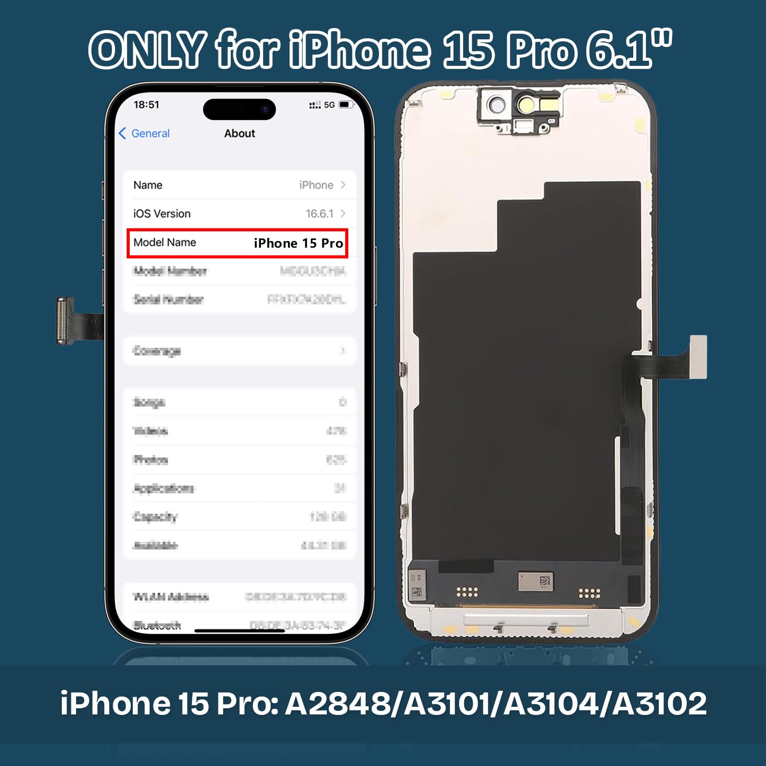 GOLDWANGWANG Display per iPhone 15 PRO, Schermo LCD Full HD 6,1" Touch Screen Digitizer Parti di Ricambio con Kit di Riparazione e Protezione Schermo