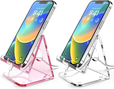 2 Pack Acrylic Phone Stand, Phone Holder for Office Desk, Vanity, Kitchen Counter, Bedside Table, Compatible with iPhone 17 16 15 14 13 12 11 Pro Max Plus/Smartphones/iPad/Switch - Clear & Pink