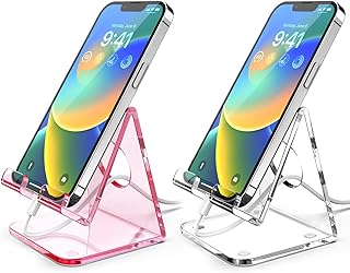 2 Pack Acrylic Phone Stand, Phone Holder for Office Desk, Vanity, Kitchen Counter, Bedside Table, Compatible with iPhone 17 16 15 14 13 12 11 Pro Max Plus/Smartphones/iPad/Switch - Clear & Pink
