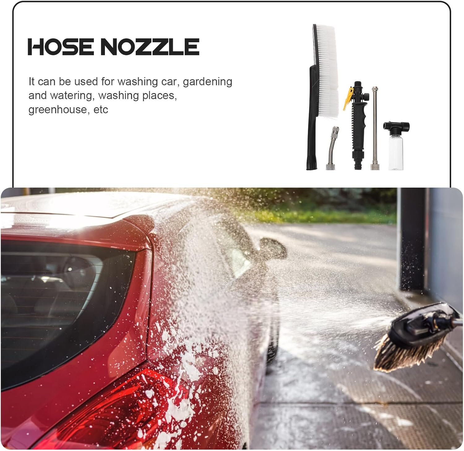 High Pressure Car Water Sprayer Nozzle with Long Handle and Soft Foam Brush Head, Handheld Washing Hose Nozzle for Vehicle Cleaning and Garden Watering
