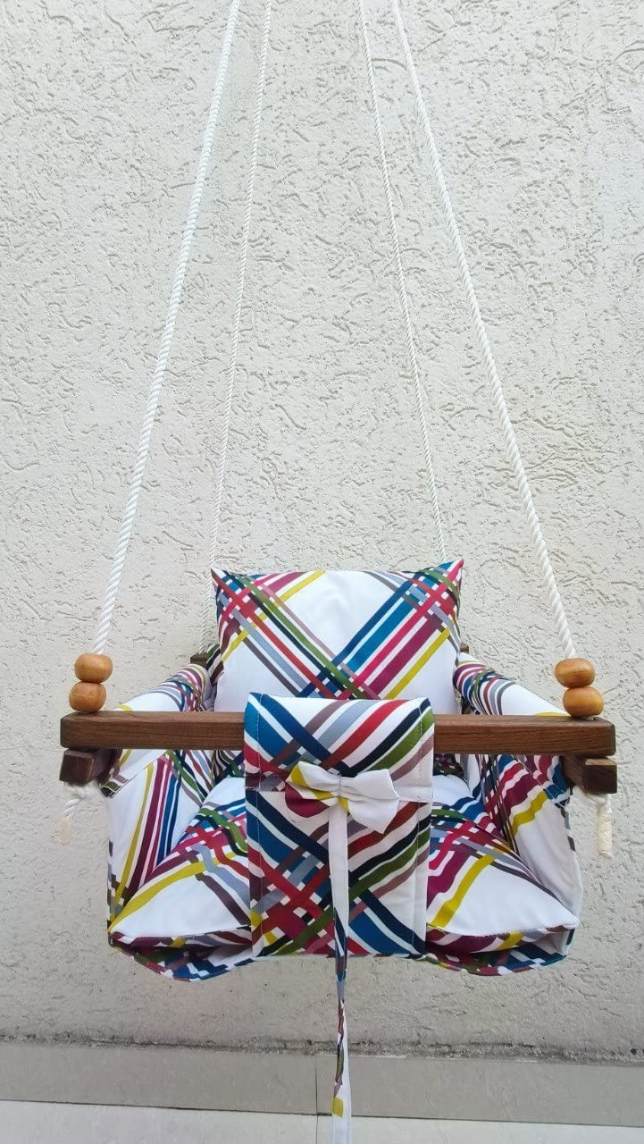 Nimit®Swing for Kids jhula Childrens 2 (S Type Hook) Adjustable Ropes Pillows Wooden Baby Hanging Chair Indoor Outdoor Baby Garden Swing Playground Home (6 Months to 4 Years) (Up to 20 kg)