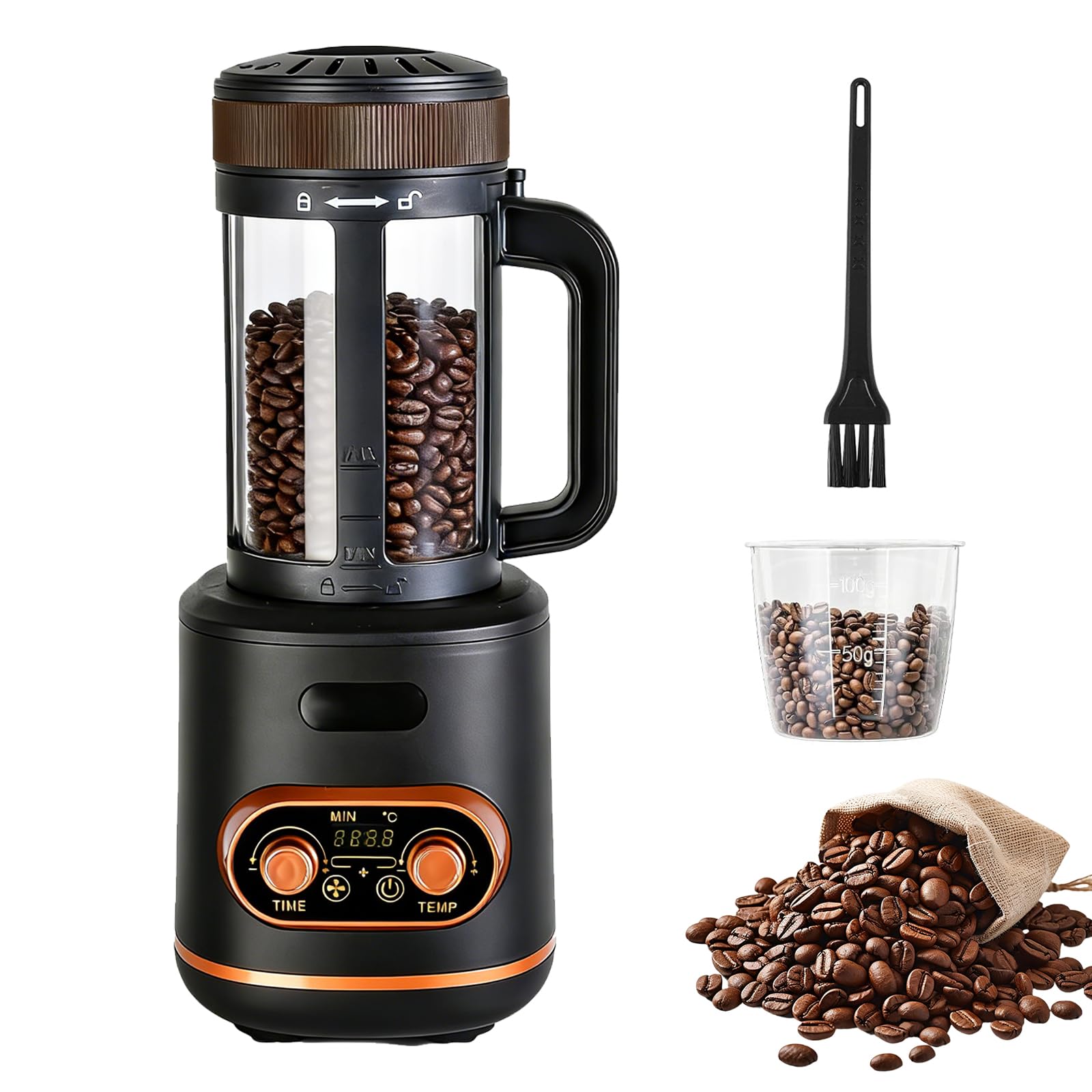 Torréfacteur à café à air chaud 200 g, machine automatique 2200 W pour grains de café, bol à grains séparé, température et minuterie réglables en continu, idéal pour la maison et le café