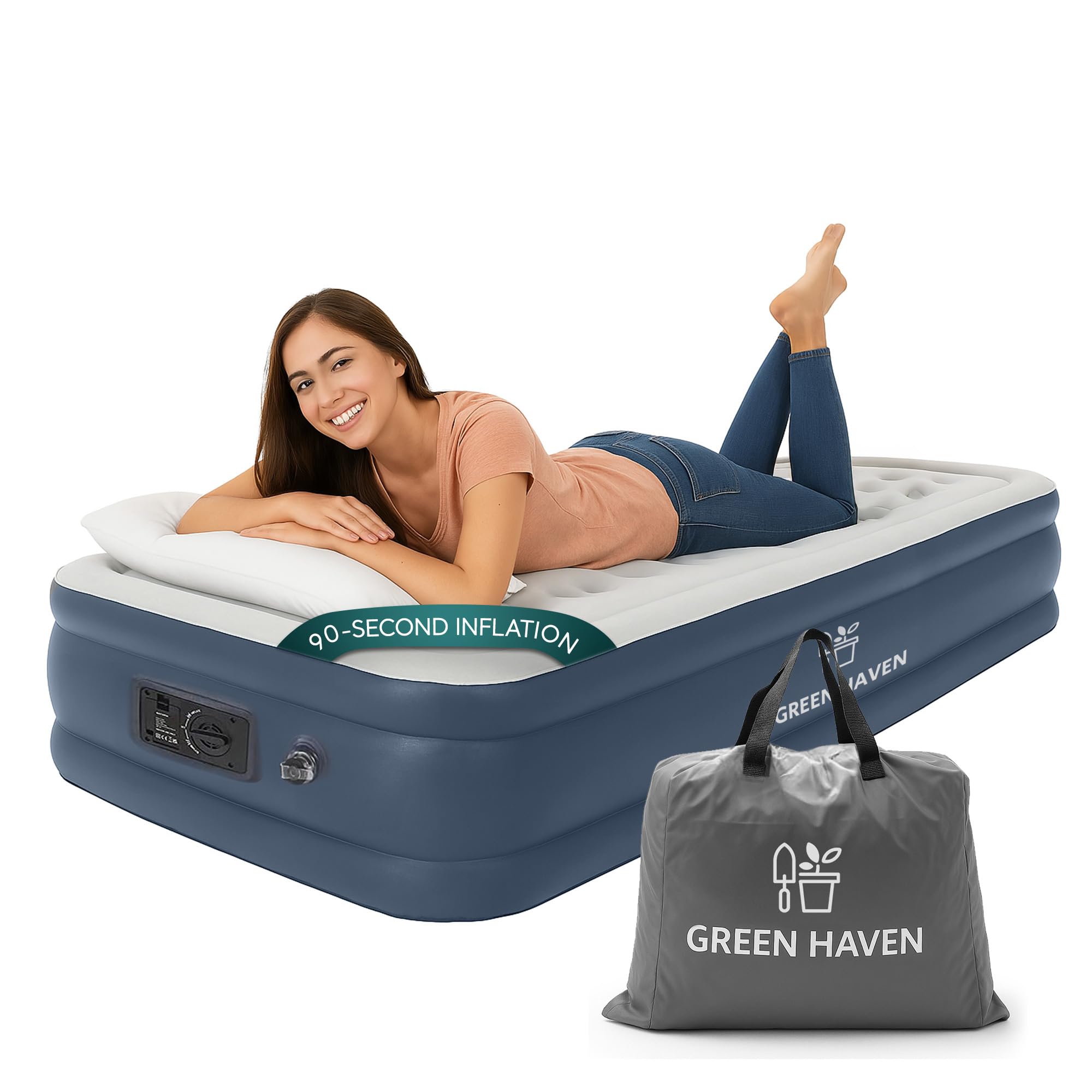 Green Haven Single Inflatable Bed Built In Pump Raised Mattress Camping Guest Portable Indoor Outdoor Sleeping Solution from B&Q
