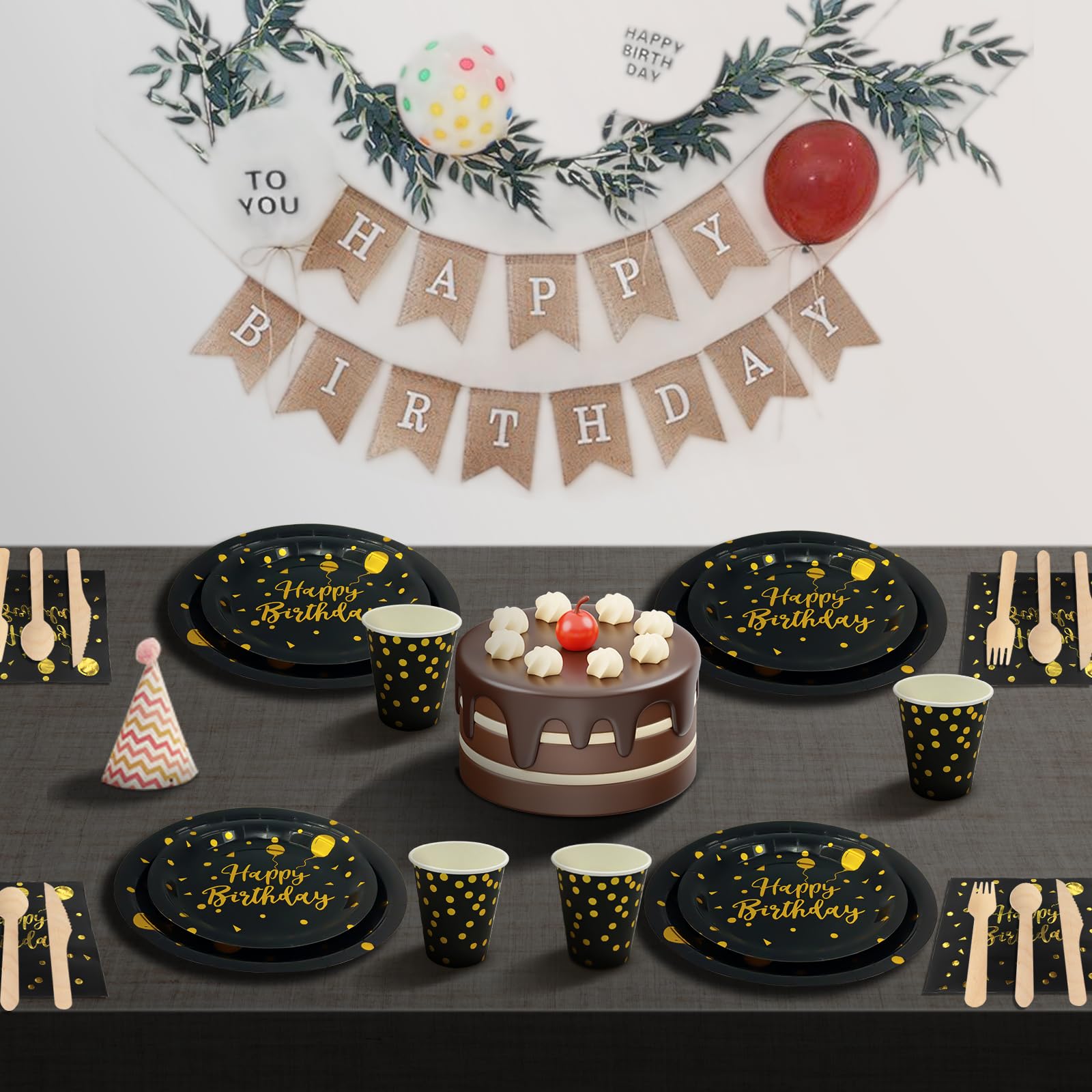 Compleanno Stoviglie Oro Nero 193 Pezzi Set Include Piatti, Tovaglioli, Tazze di Carta, Adatto a Tutti i tipi di Feste a Tema -24 Ospiti