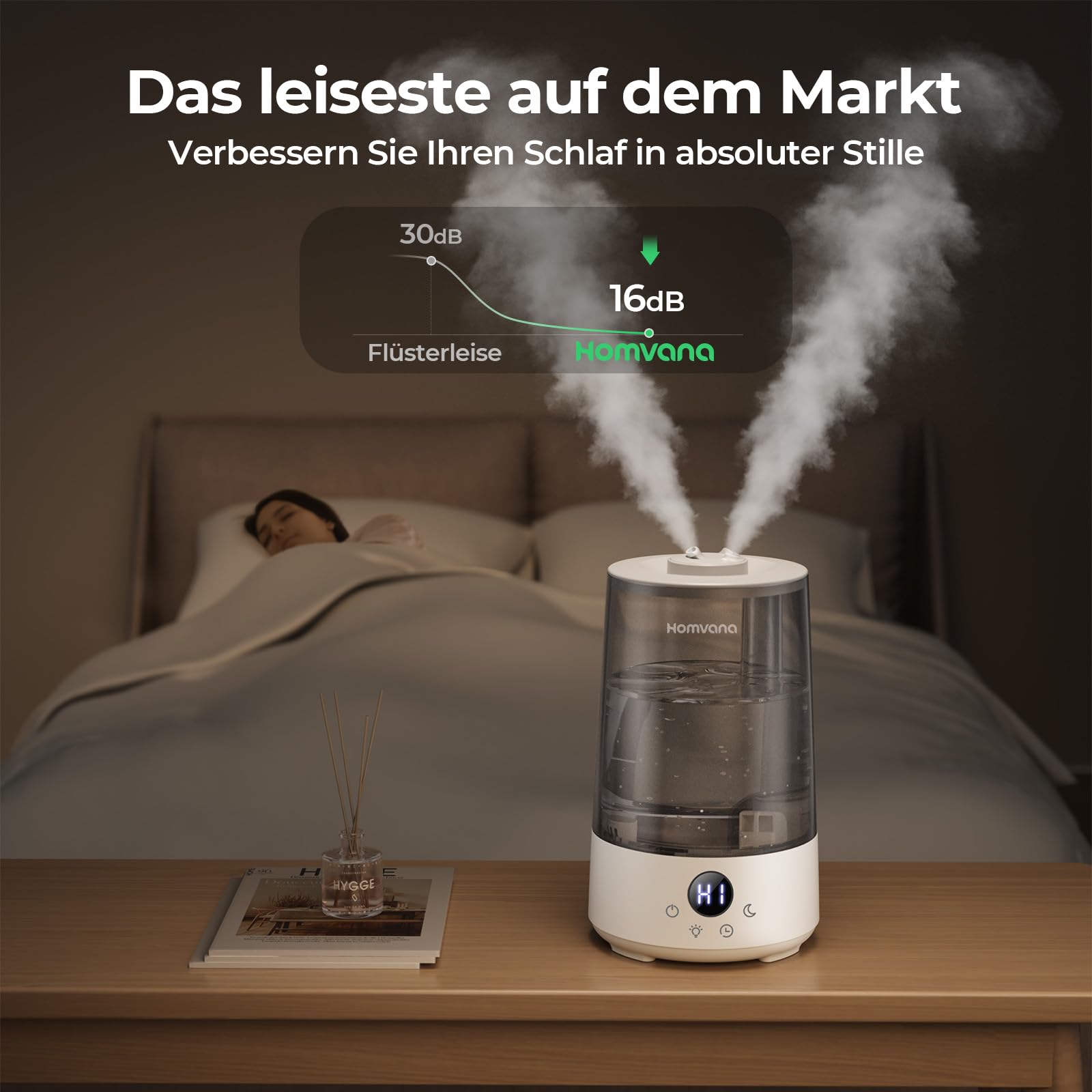 Homvana Luftbefeuchter Top-Fill 3.6L 360° Cool Mist 34H Ruhig 16dB SilentSpary Tech Grau