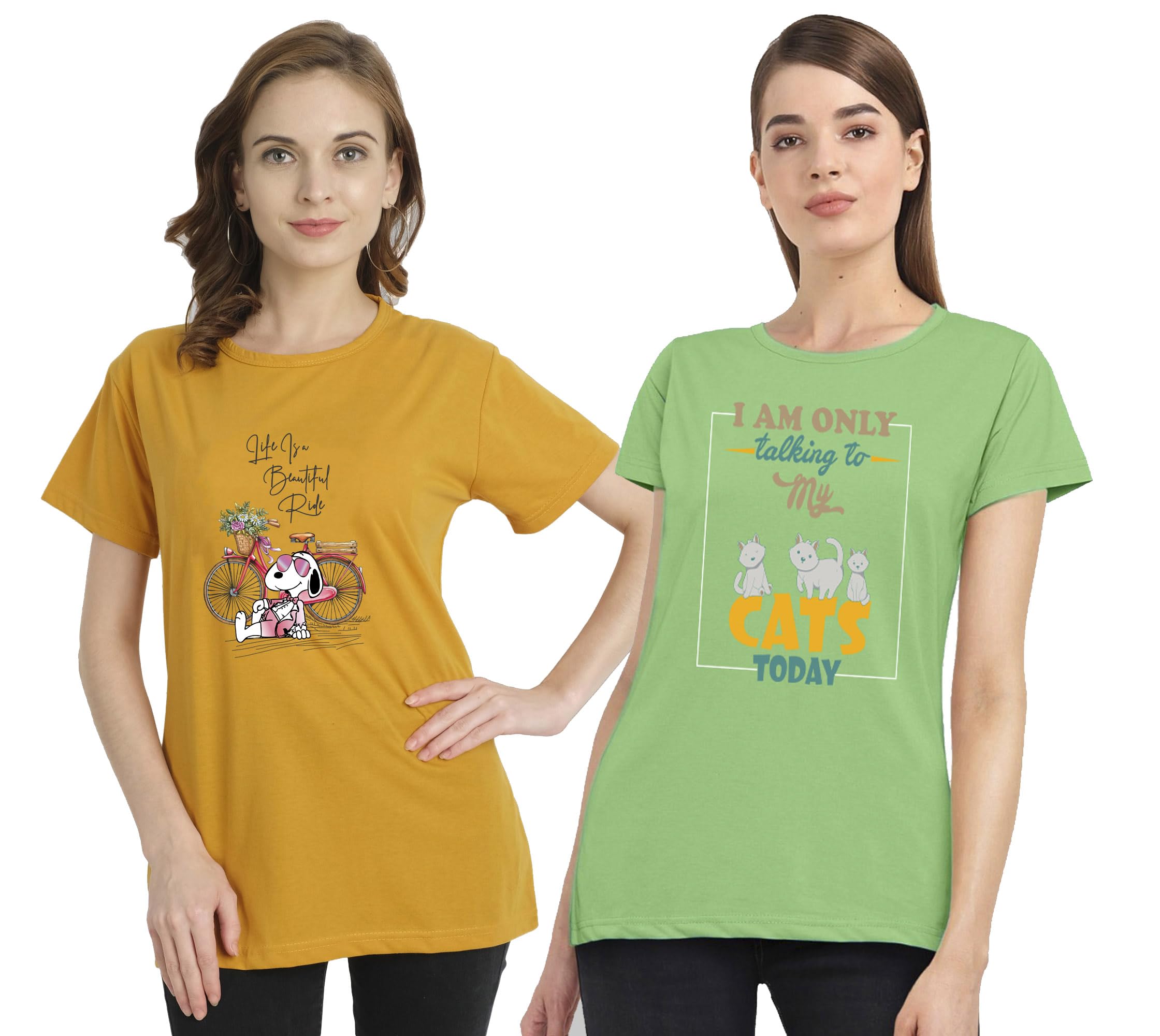 CHOZI ( Pack of Two Women's T-Shirts, Cotton Half Sleeves Round-Neck Printed T-Shirt for Girls, & Women Tees Combo-921-940-