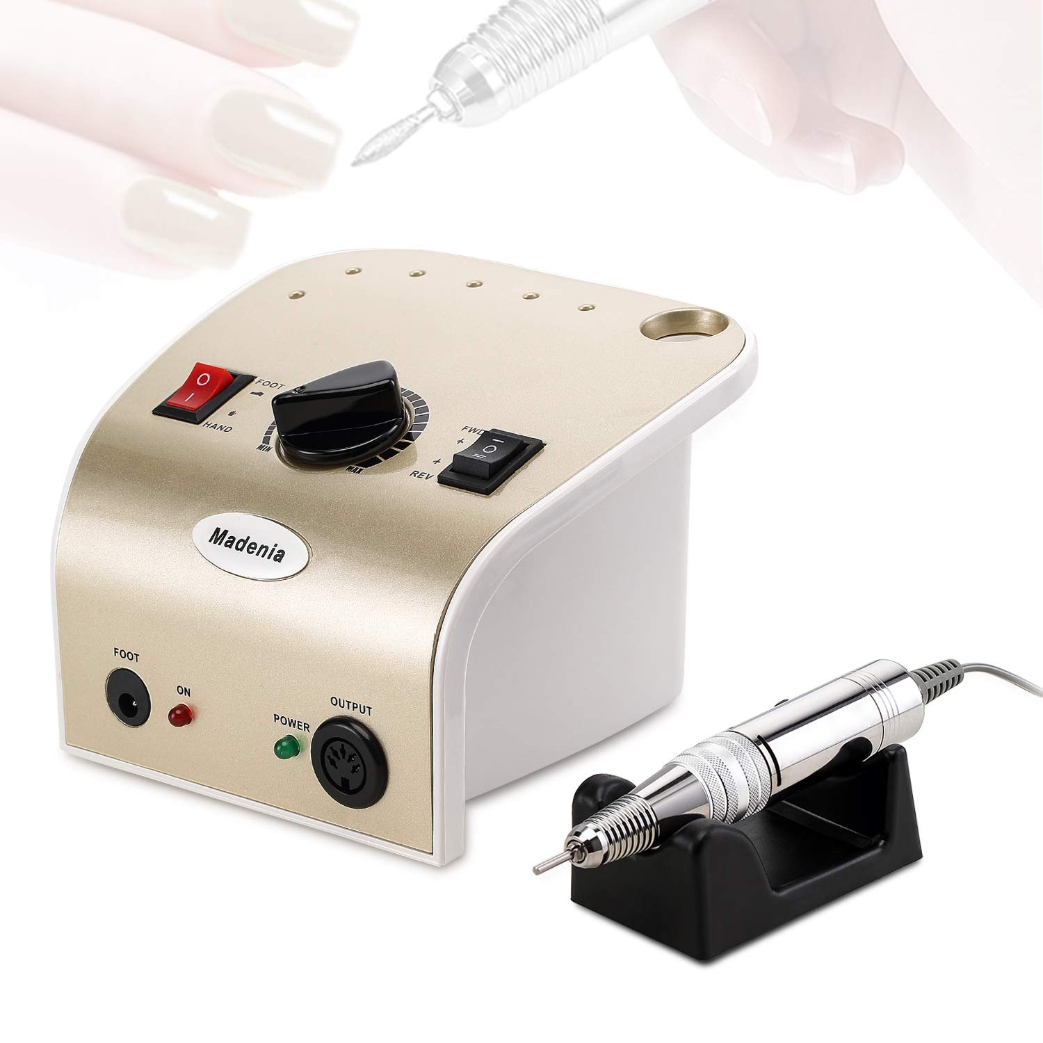 Nail Drill Electric Nail File for Acrylic Gel Nails, Professional 35000RPM E-File Manicure Pedicure Tools with Foot Pedal, Gold