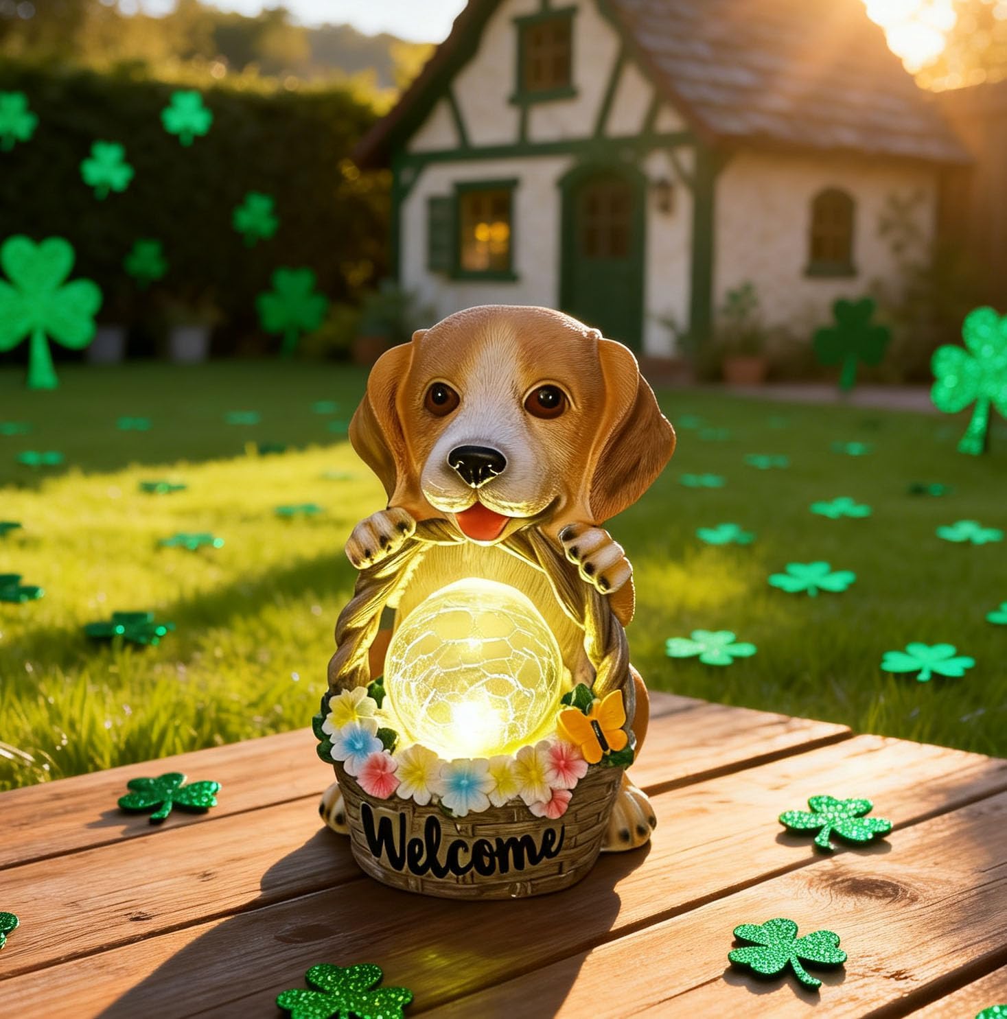 Outdoor Dog Statue with Solar Light Yard Garden Decor Spring Pupppy Figure-Gifts for Mom & Dog Lovers