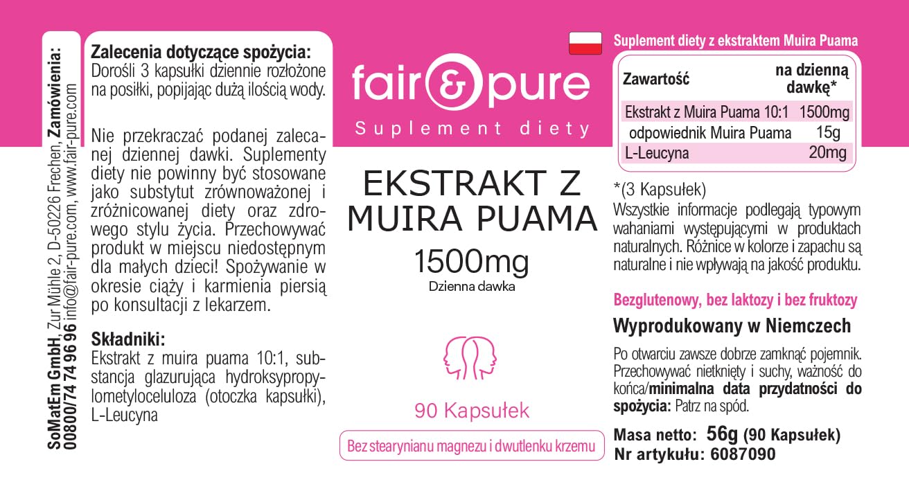 Fair & Pure Muira Puama 500mg, 90 Kapseln, schluckfreundlich, 10:1 Extrakt, Nahrungsergänzungsmittel vegan ohne Magnesiumstearat, in Deutschland hergestellt (Packung mit 2)