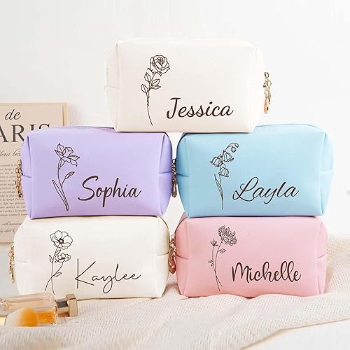Miniatura 2 de Bolsa de maquillaje personalizada con nombre y flor de nacimiento, bolsas de cosméticos de cuero personalizadas para mujeres, bolsa de aseo de viaje