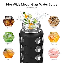 MUKOKO 24oz Glass Water Bottle with 2 Lids-Handle Flip Lid&Bamboo Straw Lid,Motivational Water Tumbler with Time Marker Reminder and Silicone Sleeve, Leakproof-Black