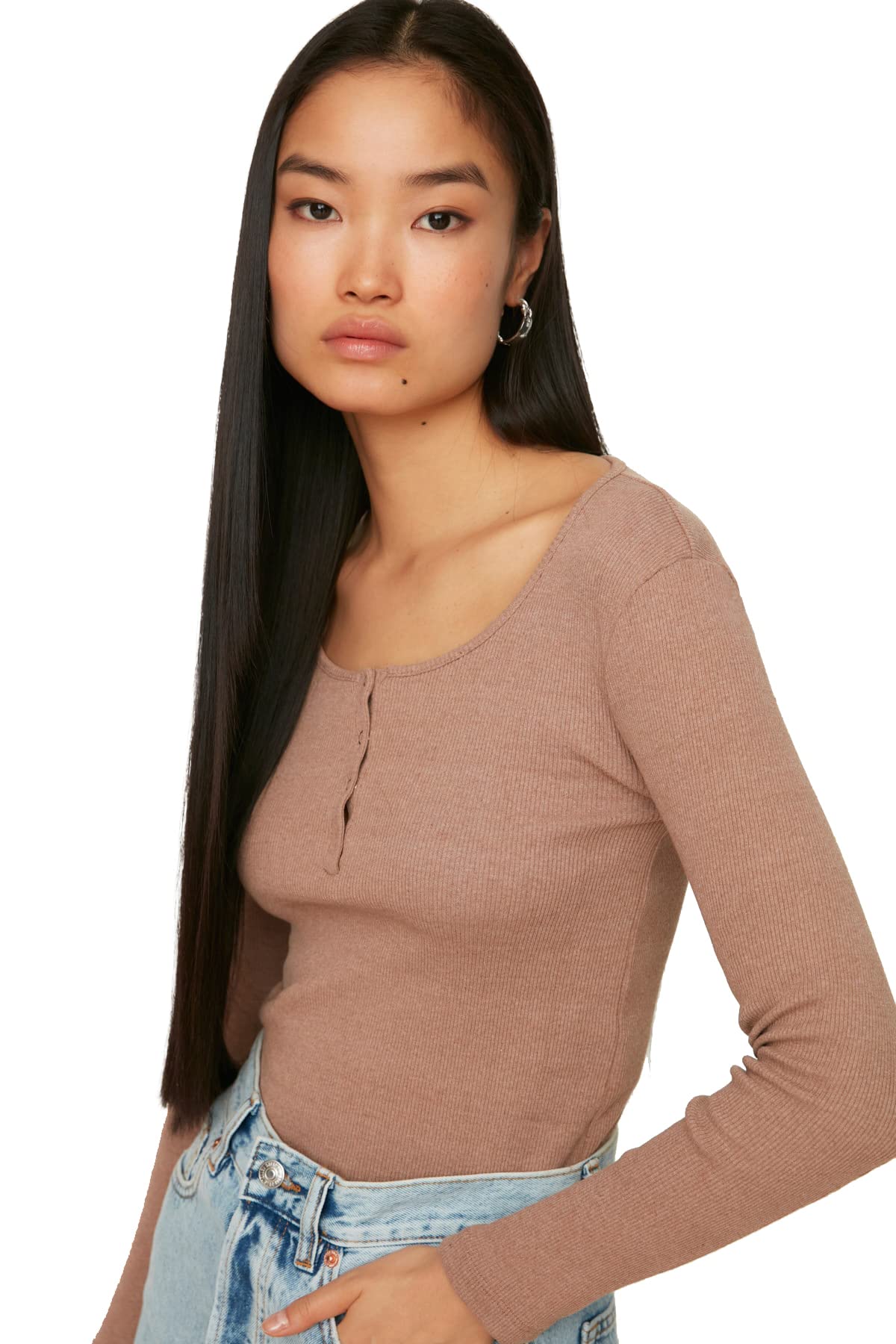 Trendyol Damen Mink Vizon-Nieten Mit Gestrickter Bluse Blouse, Xl